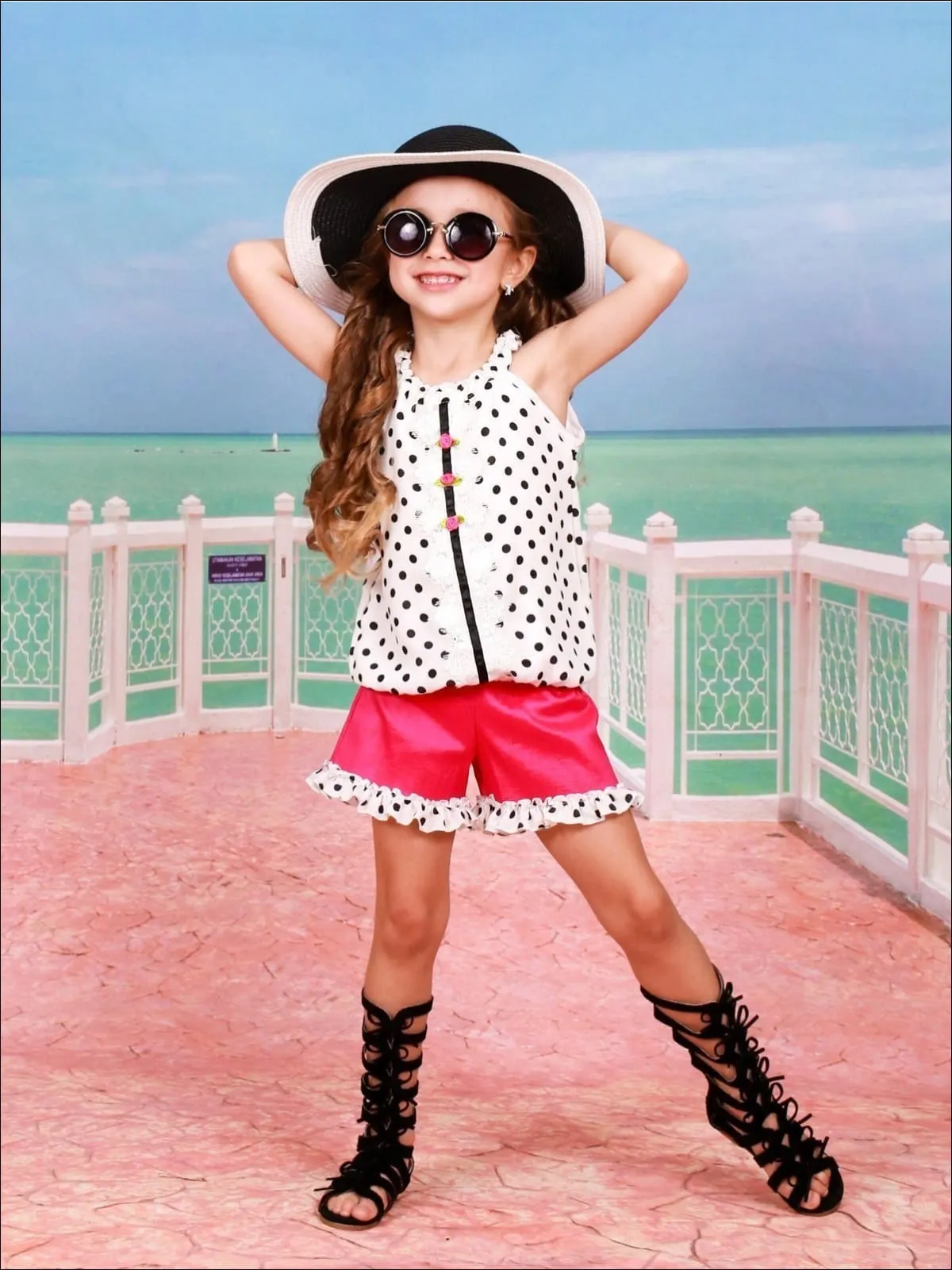Girls Ruched Halter Neck Trimmed Tuxedo Top And Ruffled Short Set