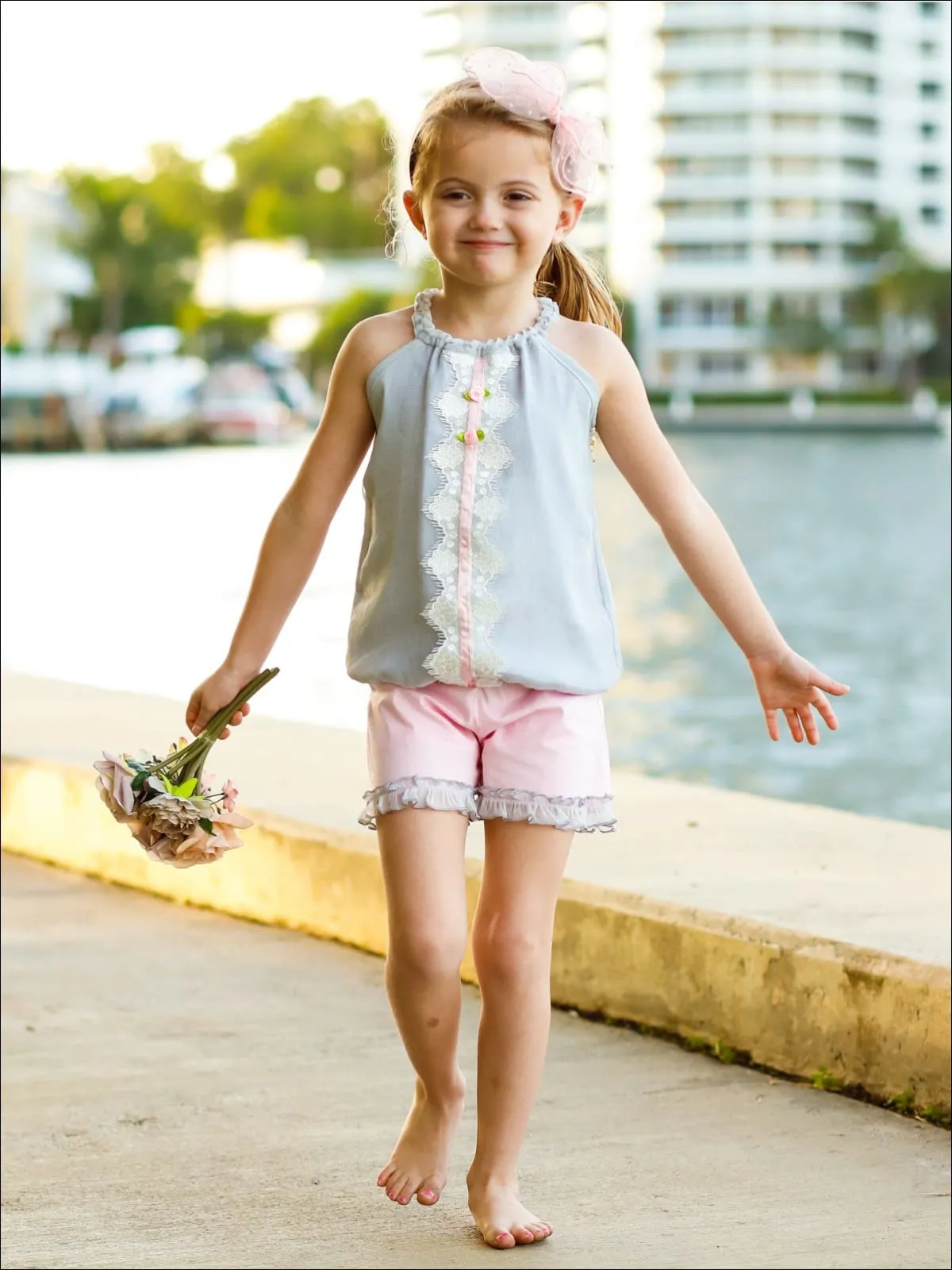 Girls Ruched Halter Neck Trimmed Tuxedo Top And Ruffled Short Set