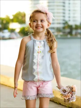 Girls Ruched Halter Neck Trimmed Tuxedo Top And Ruffled Short Set