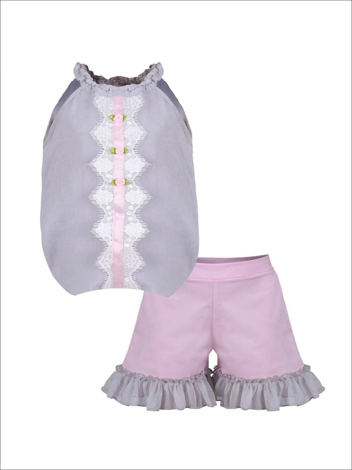 Girls Ruched Halter Neck Trimmed Tuxedo Top And Ruffled Short Set