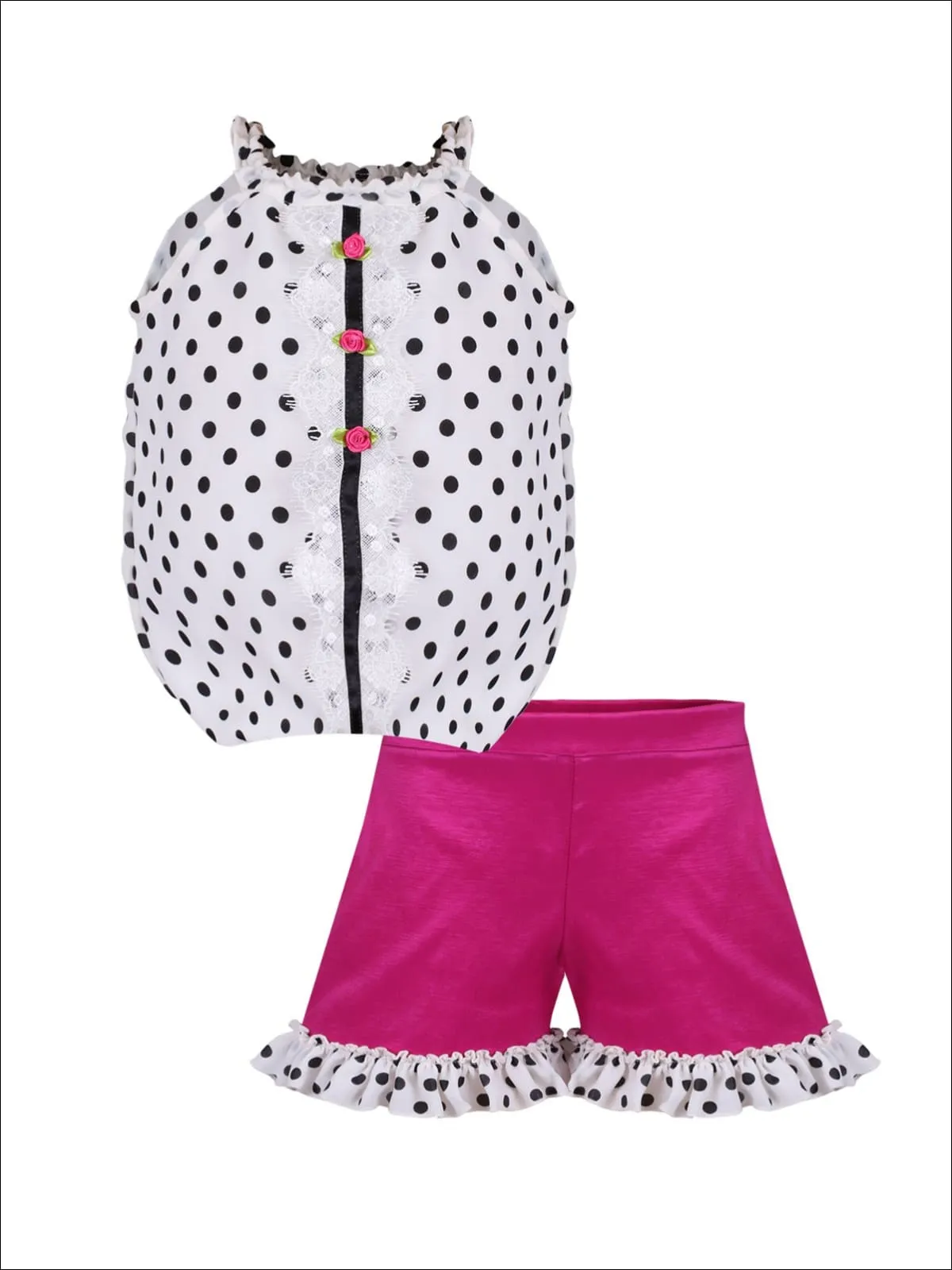 Girls Ruched Halter Neck Trimmed Tuxedo Top And Ruffled Short Set