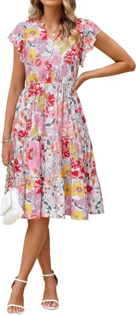 Glamaker Floral Tiered Midi Sundress Casual Summer V Neck Flutter Sleeve Striped Sun Dress with Pockets