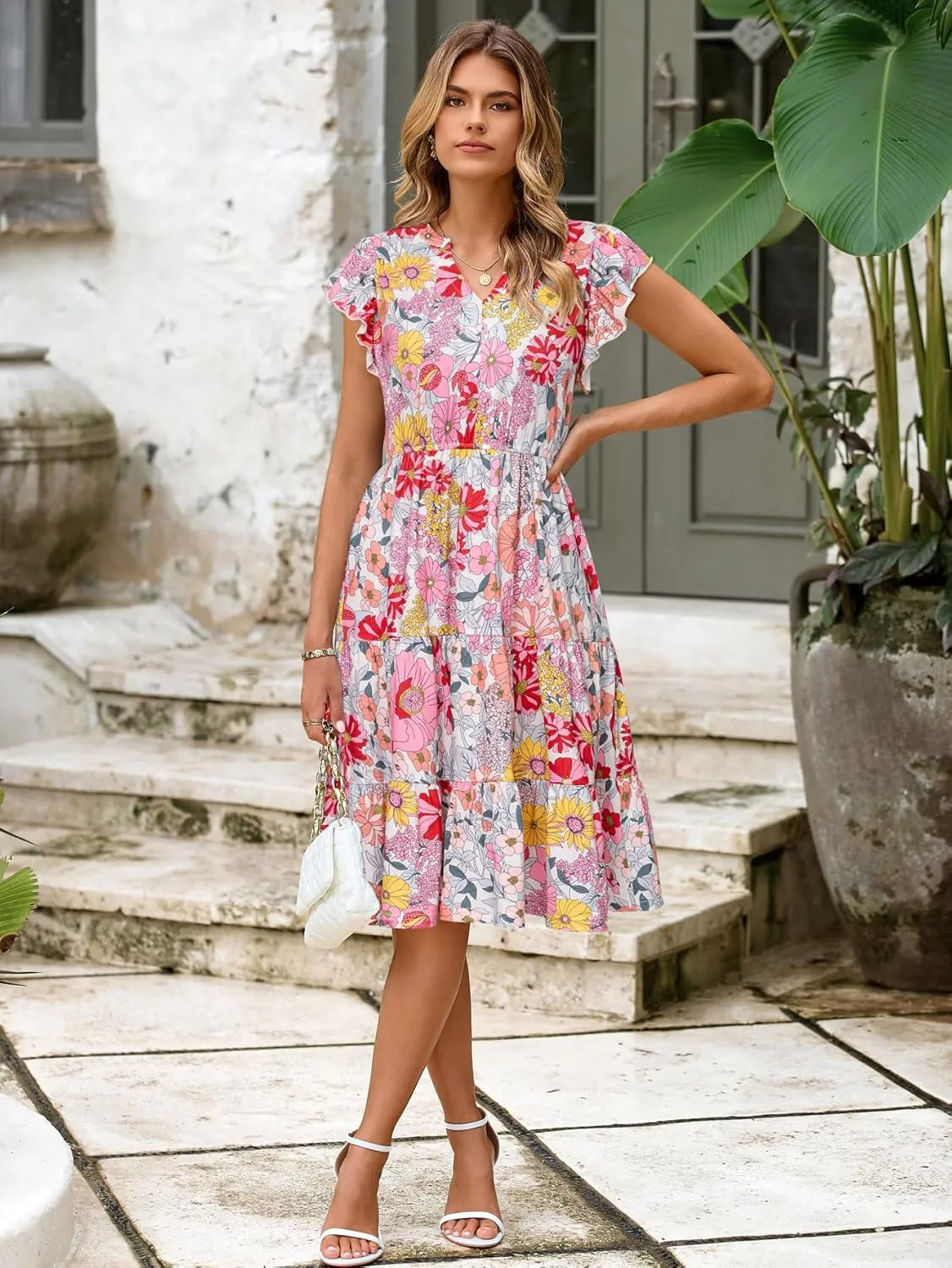 Glamaker Floral Tiered Midi Sundress Casual Summer V Neck Flutter Sleeve Striped Sun Dress with Pockets