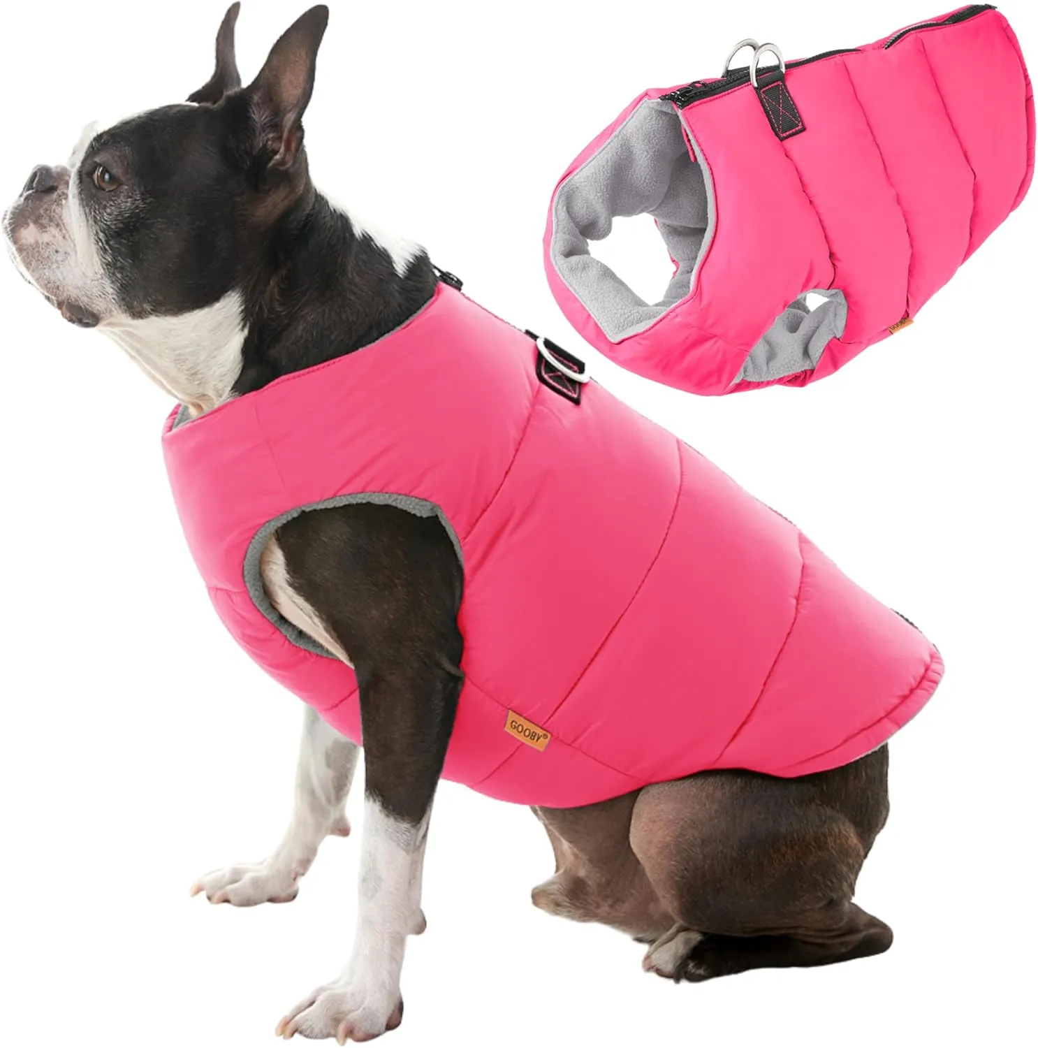 Gooby Padded Vest Dog Jacket - Solid Pink, Small - Warm Zip Up Vest Fleece Jacket with Dual D Ring Leash - Winter Water Resistant Sweater - Clothes for Small and Medium Dogs