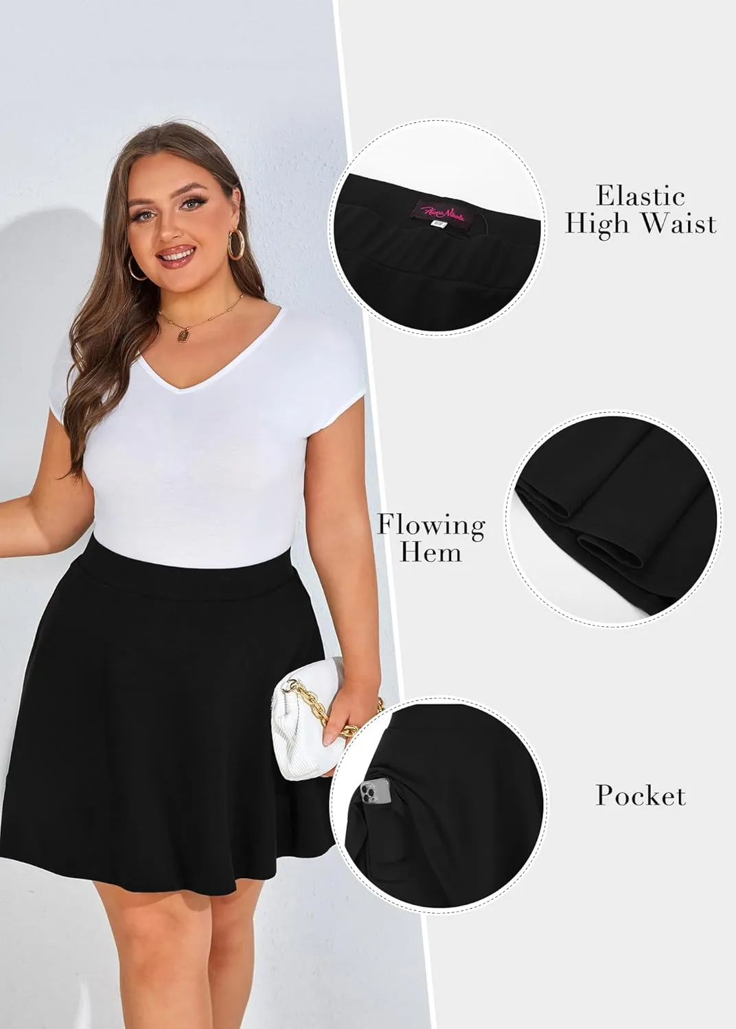 Hanna Nikole Women Plus Size Casual Mini Skater Skirt Elastic Lining High Waist Basic Flared Skorts Pleated with Pocket