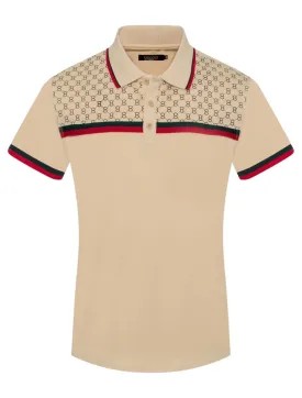Khaki Men's Luxury Design Short Sleeve Polo Italy Design Red and Green Strip