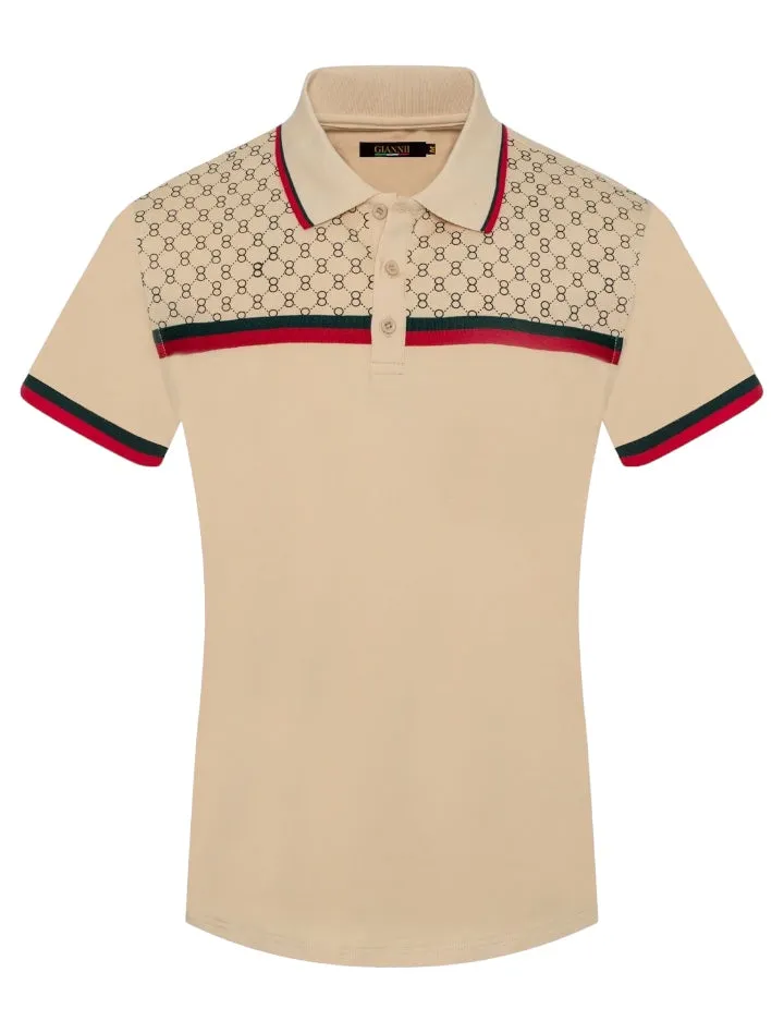 Khaki Men's Luxury Design Short Sleeve Polo Italy Design Red and Green Strip
