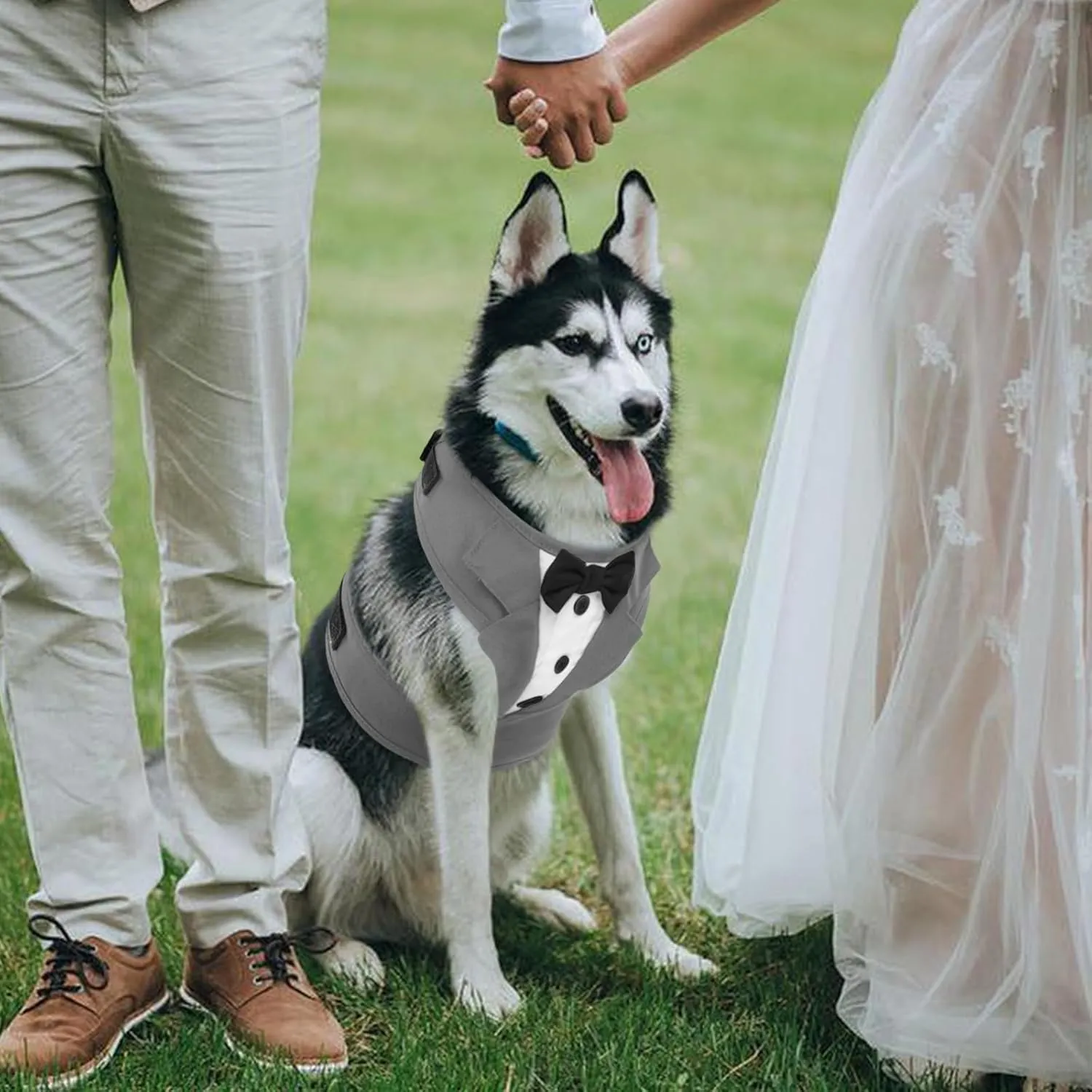 Kuoser Tuxedo Dog Harness, Adjustable No Pull for Small Medium Dogs, Wedding Suit with Bow Tie Party Costume, Gray S