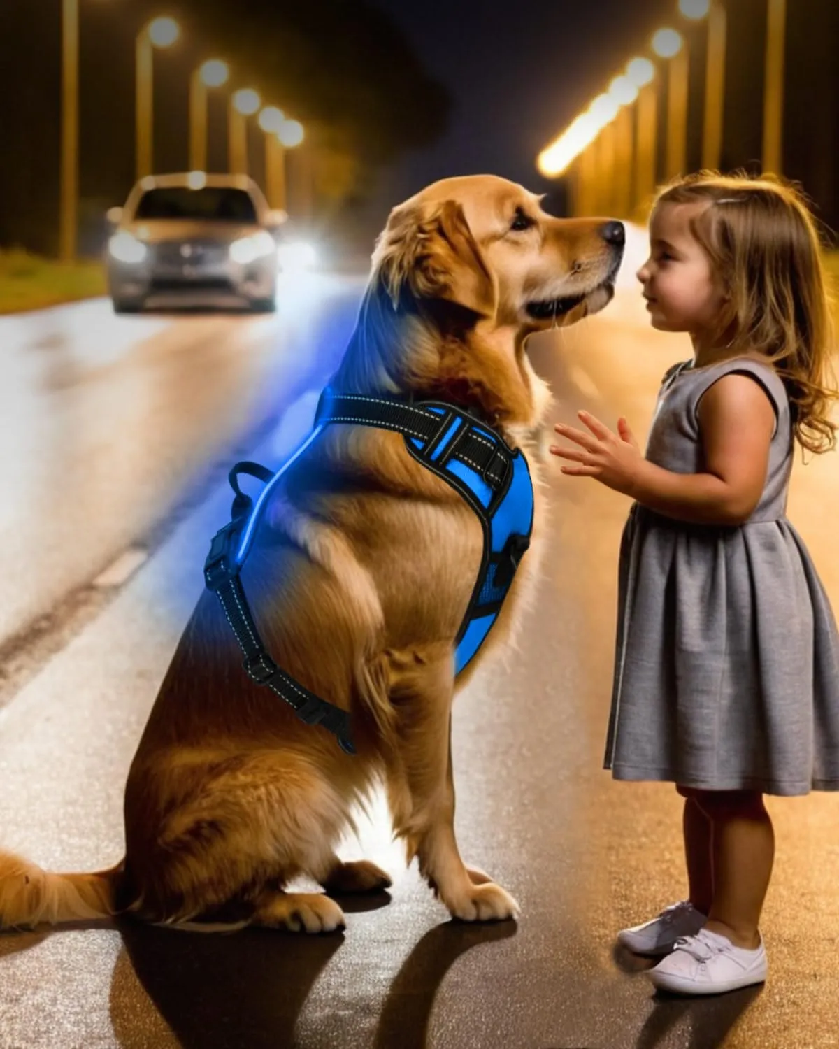 Light Up Dog Harness - LED Dog Harness Rechargeable for Night Walking, Three Lighting Modes, Flashing for More Than 20 Hours, Oxford Cloth(Blue/Medium)