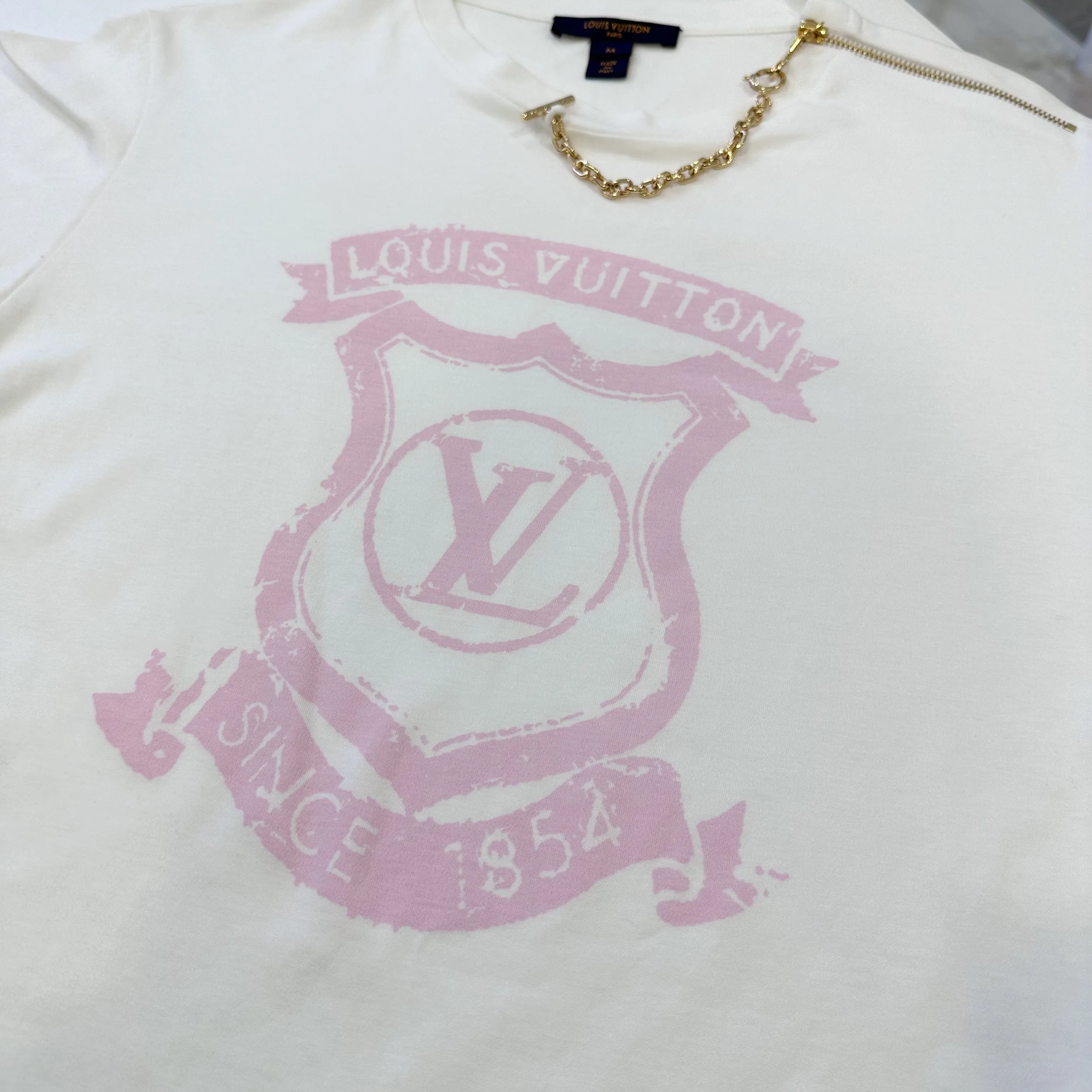 LV White T-shirt with Pink Logo and Chain Detail