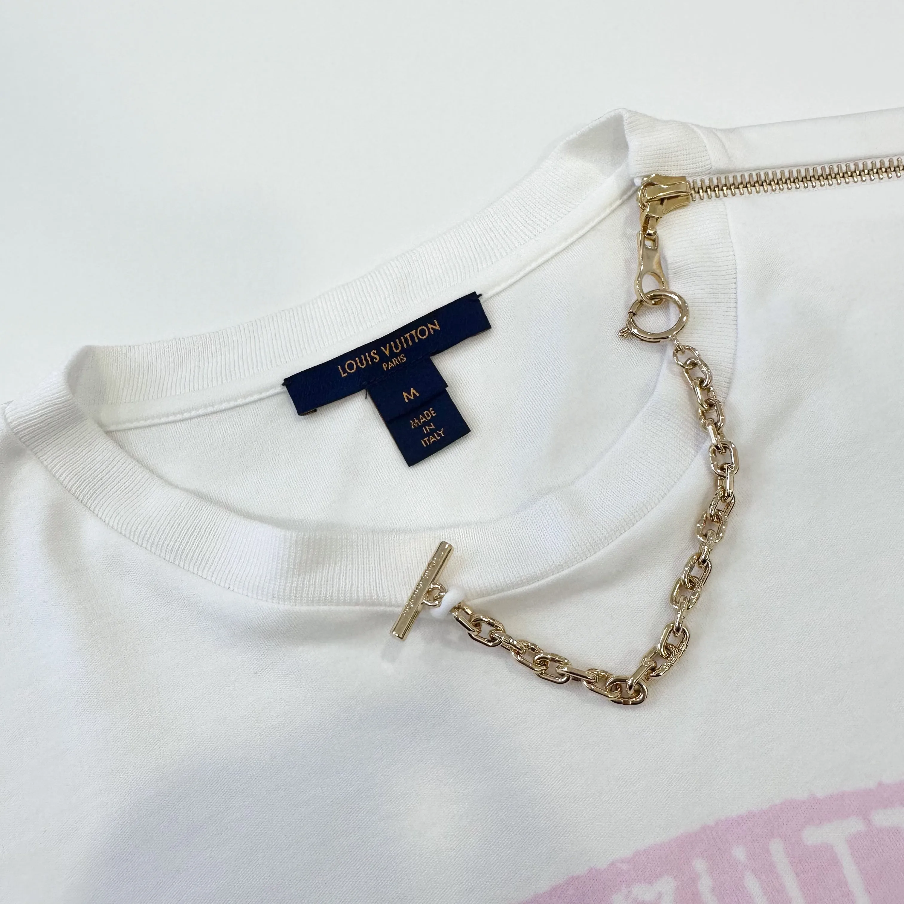 LV White T-shirt with Pink Logo and Chain Detail
