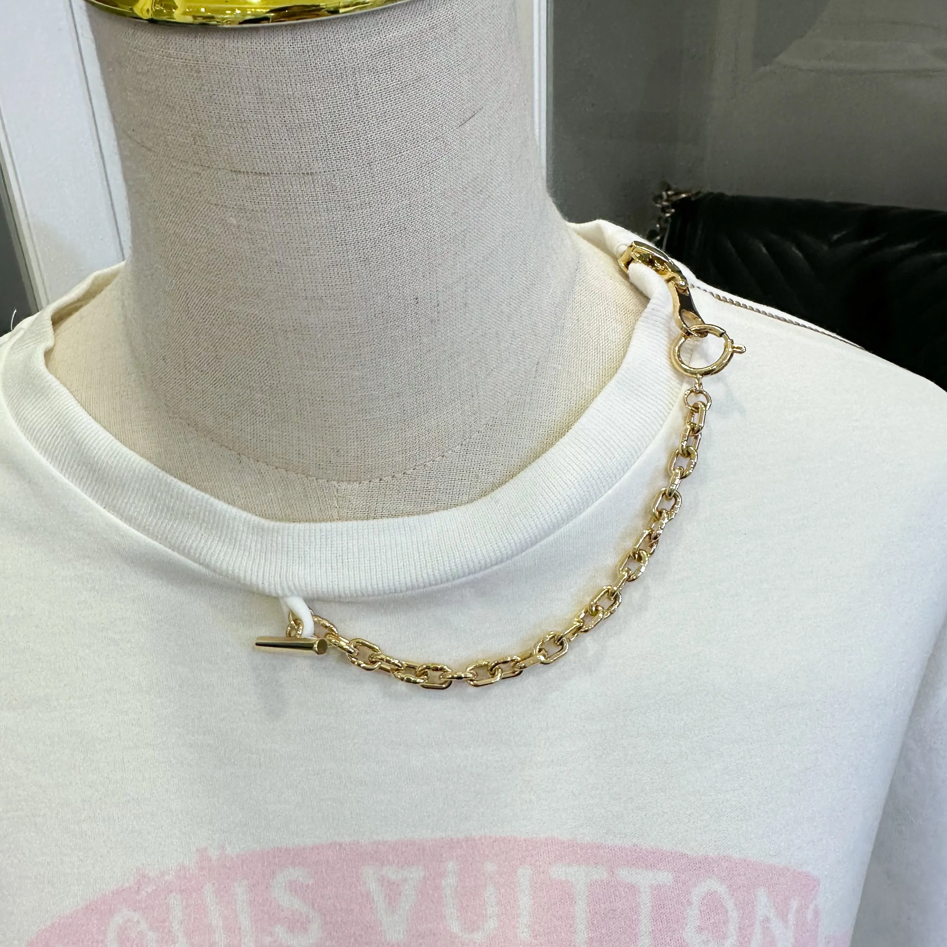 LV White T-shirt with Pink Logo and Chain Detail