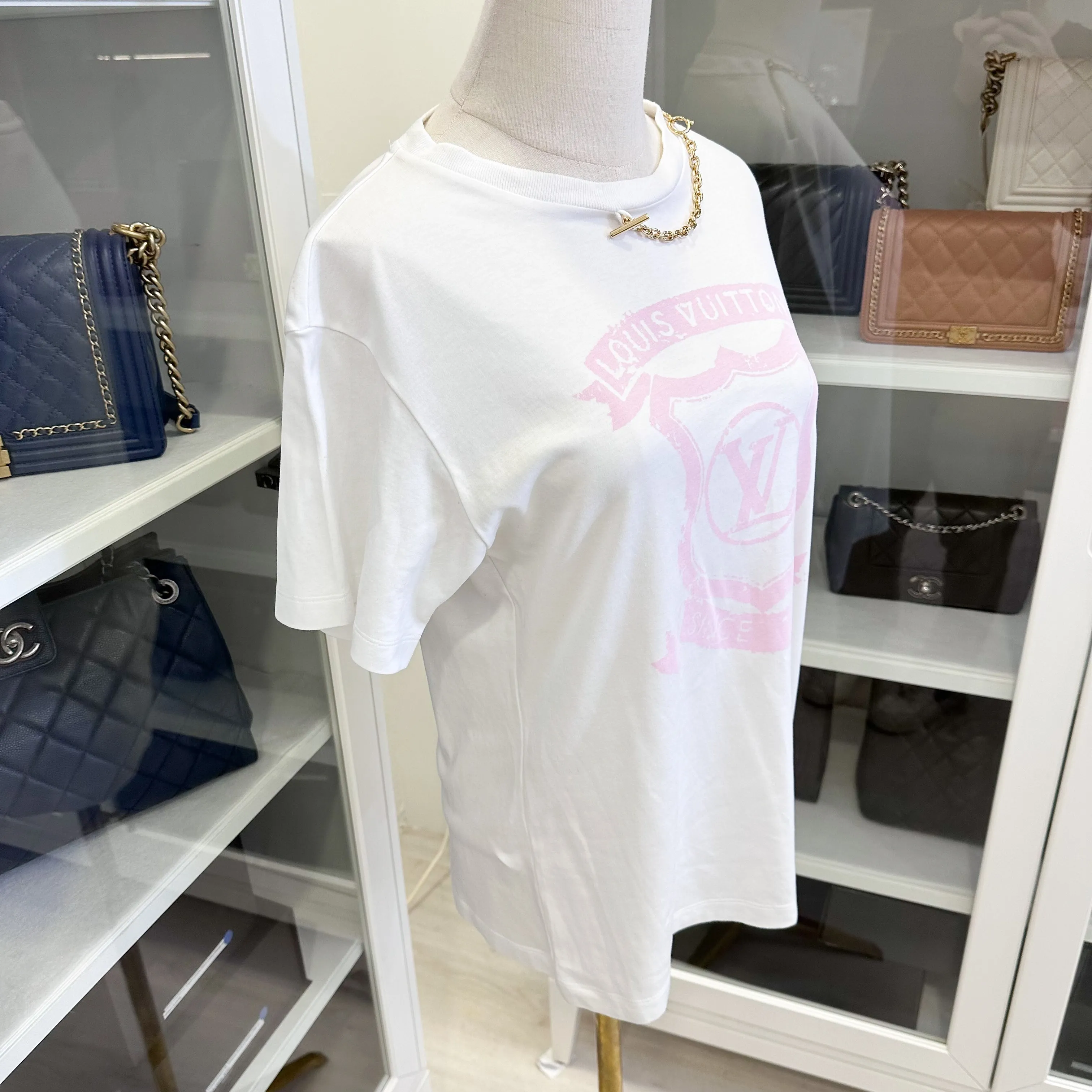 LV White T-shirt with Pink Logo and Chain Detail