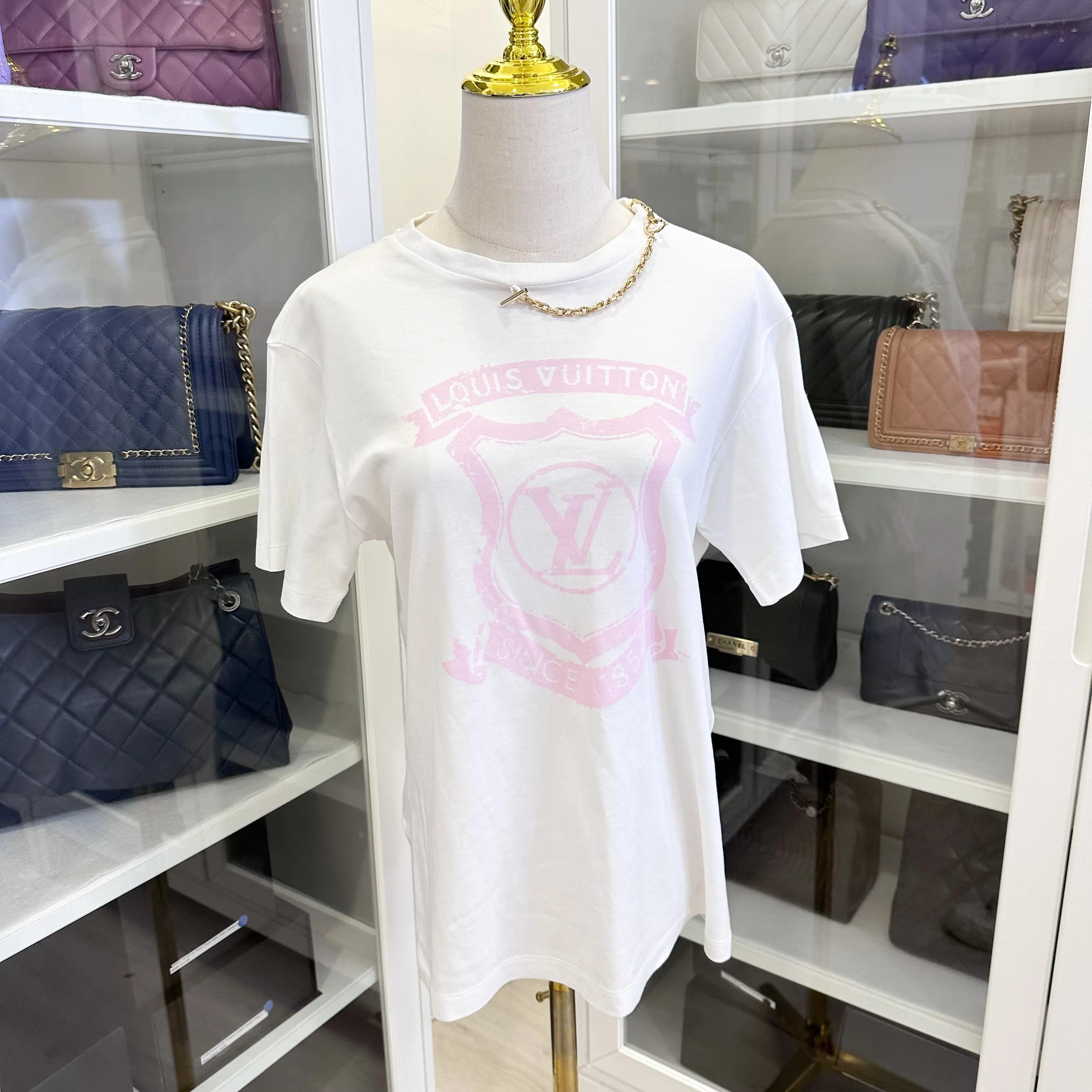 LV White T-shirt with Pink Logo and Chain Detail