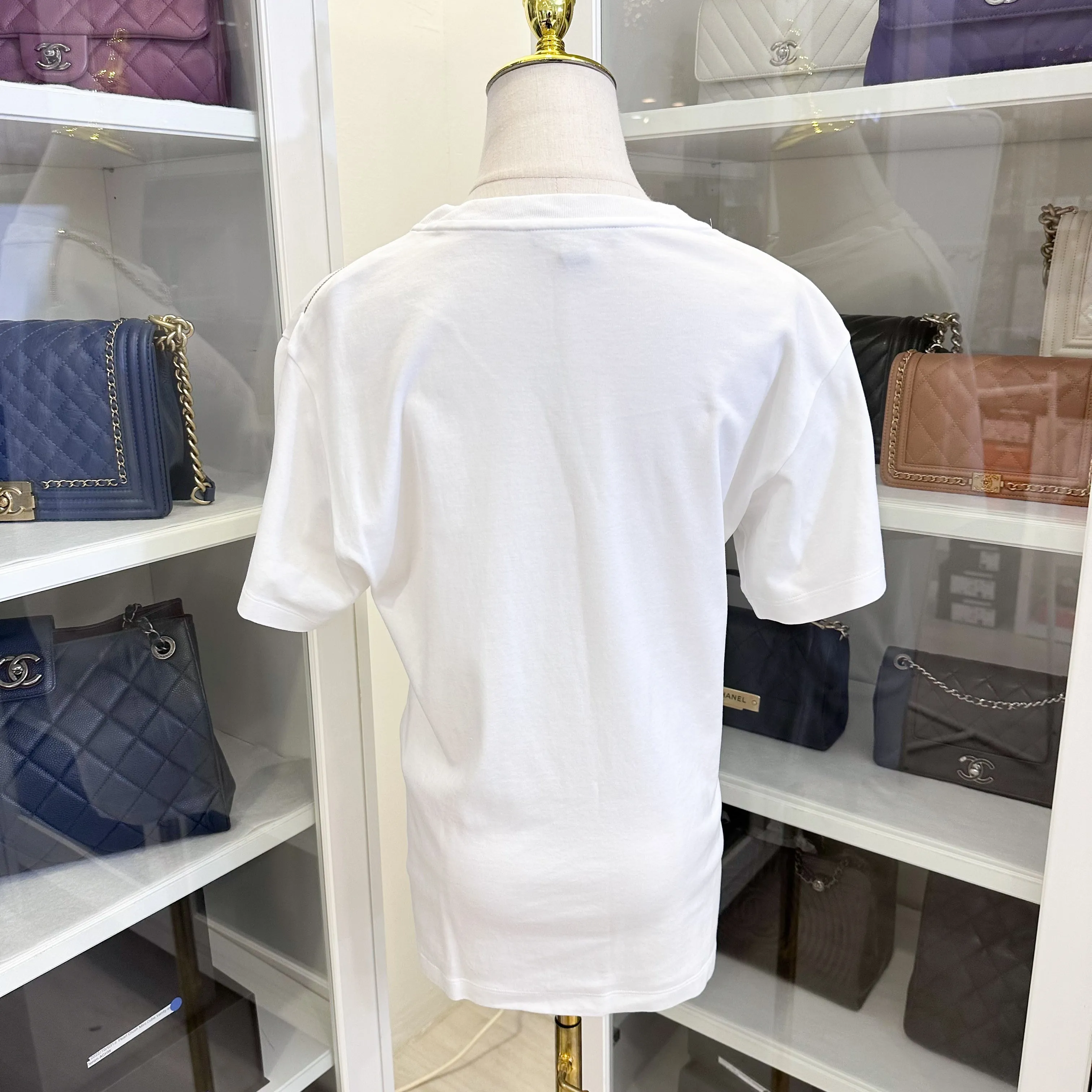 LV White T-shirt with Pink Logo and Chain Detail