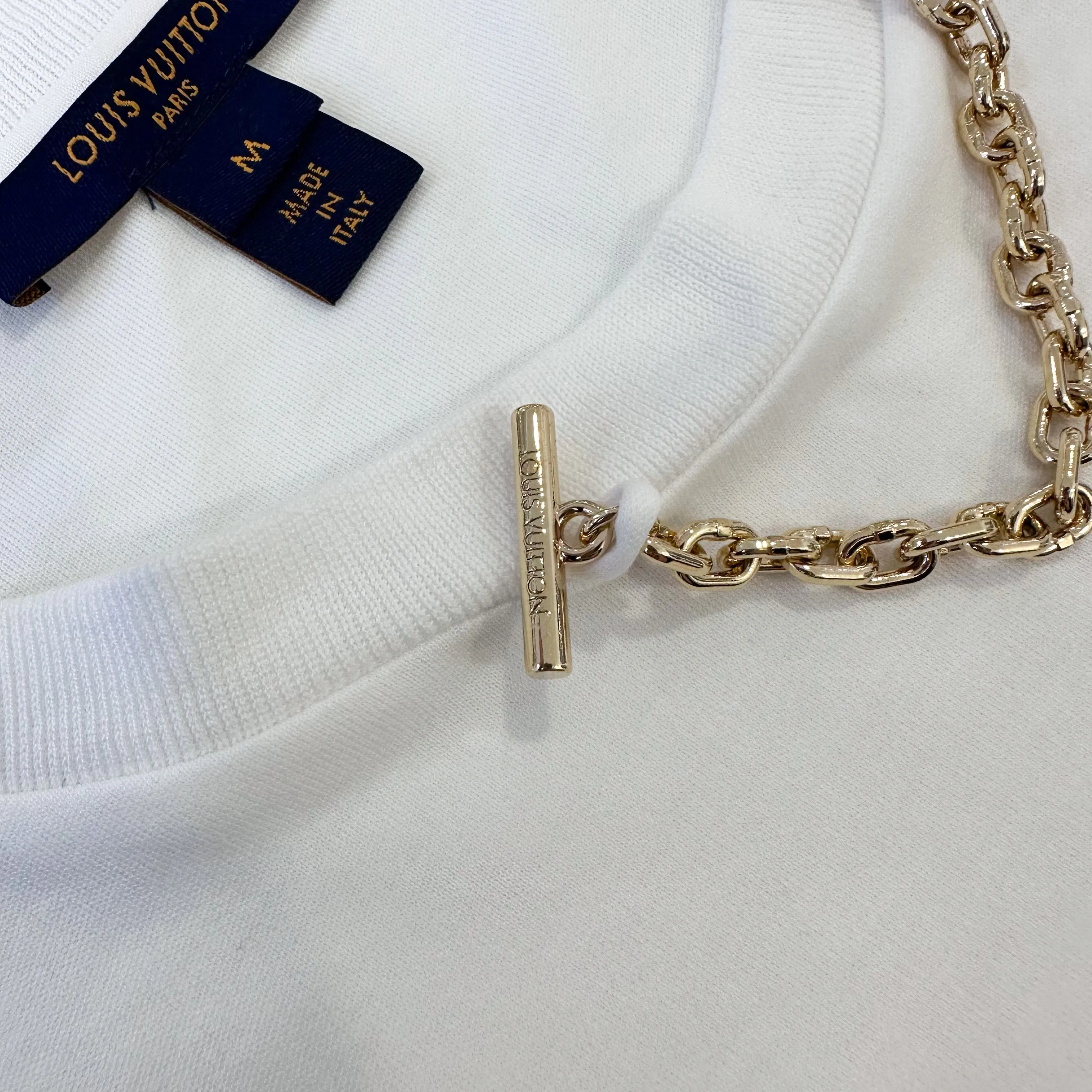 LV White T-shirt with Pink Logo and Chain Detail