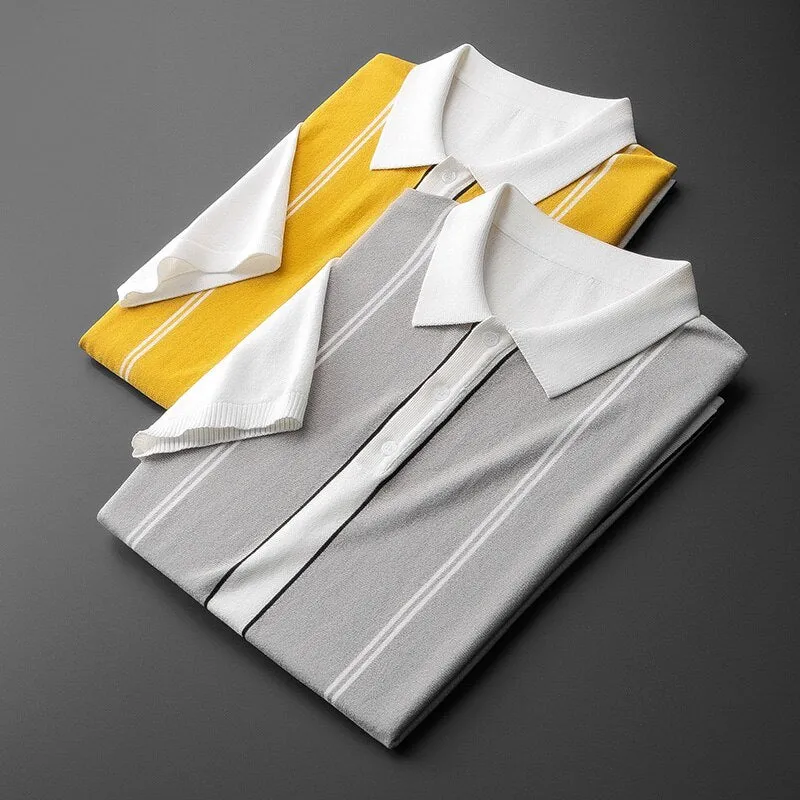 Men Striped Knitted Polo Shirt
