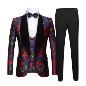 Men's 3-Piece Smoke Collar Red Eagle Embroidery Navy Blue Suit