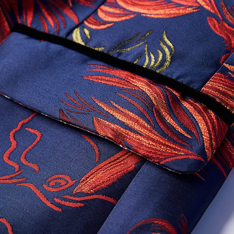 Men's 3-Piece Smoke Collar Red Eagle Embroidery Navy Blue Suit