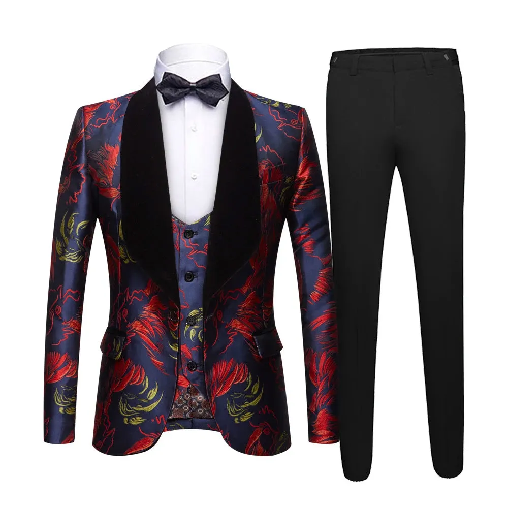 Men's 3-Piece Smoke Collar Red Eagle Embroidery Navy Blue Suit