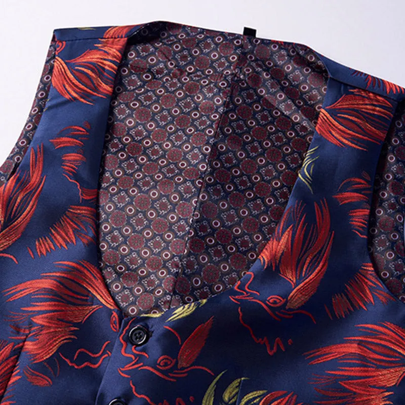 Men's 3-Piece Smoke Collar Red Eagle Embroidery Navy Blue Suit