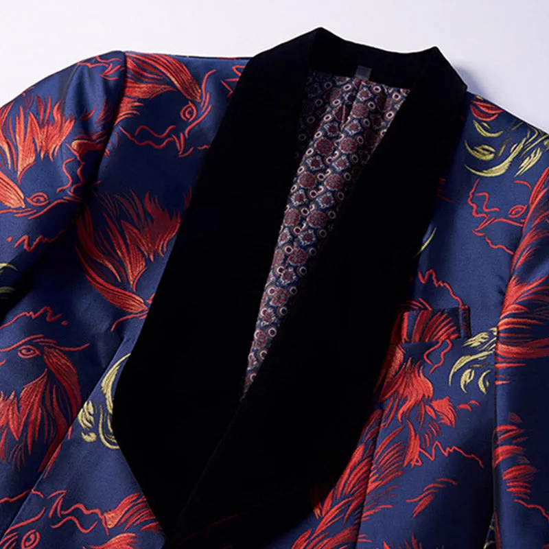 Men's 3-Piece Smoke Collar Red Eagle Embroidery Navy Blue Suit