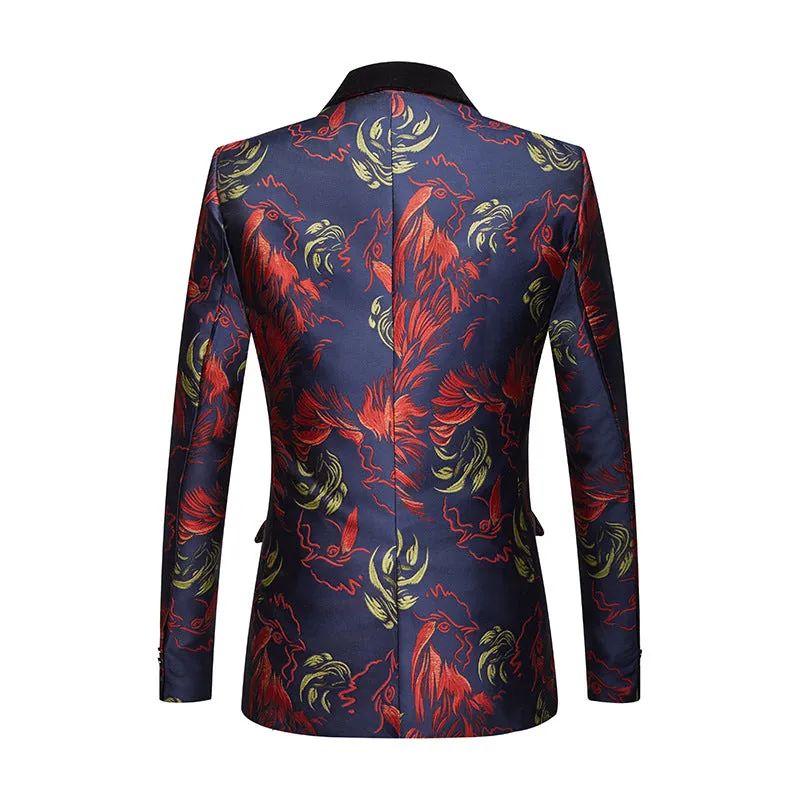 Men's 3-Piece Smoke Collar Red Eagle Embroidery Navy Blue Suit