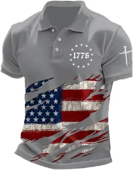 Men's American Flag Cross Print 1776 Polo Shirt 4Th of July T-Shirt