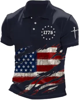 Men's American Flag Cross Print 1776 Polo Shirt 4Th of July T-Shirt