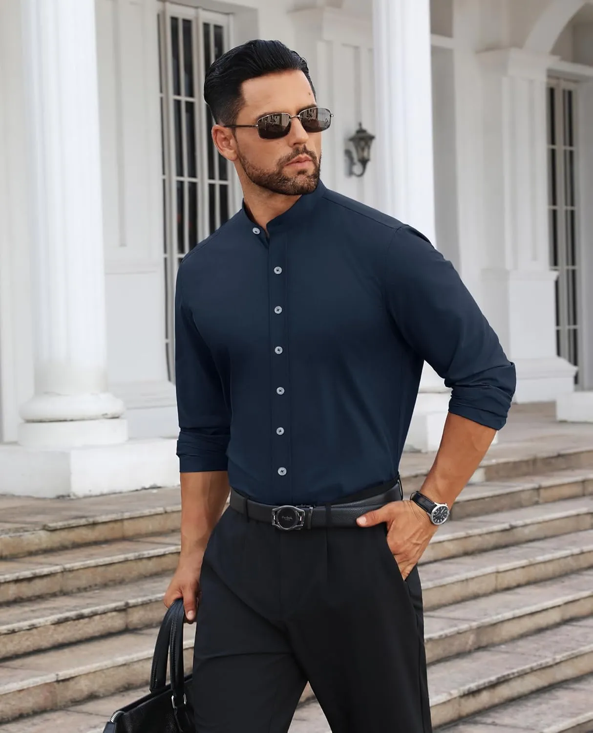 Mens Dress Shirts Wrinkle Free Dress Shirts for Men Long Sleeve Button Down Shirts Banded Collar Shirts