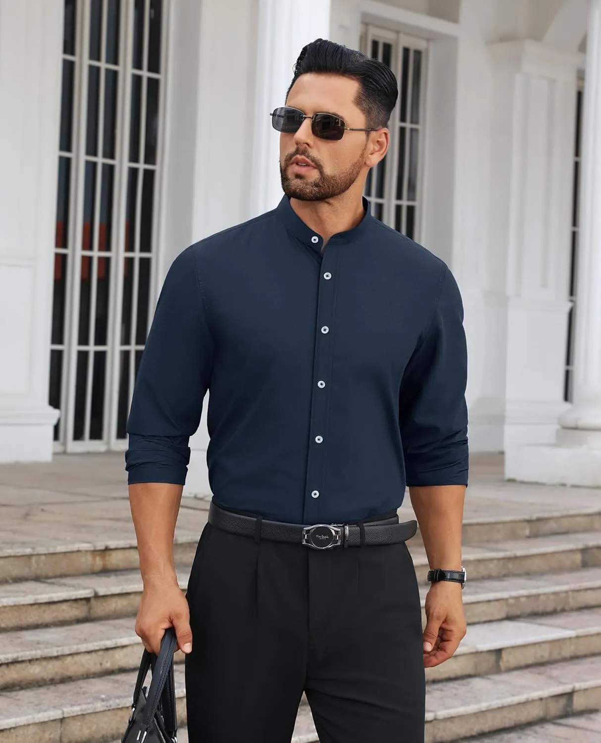 Mens Dress Shirts Wrinkle Free Dress Shirts for Men Long Sleeve Button Down Shirts Banded Collar Shirts