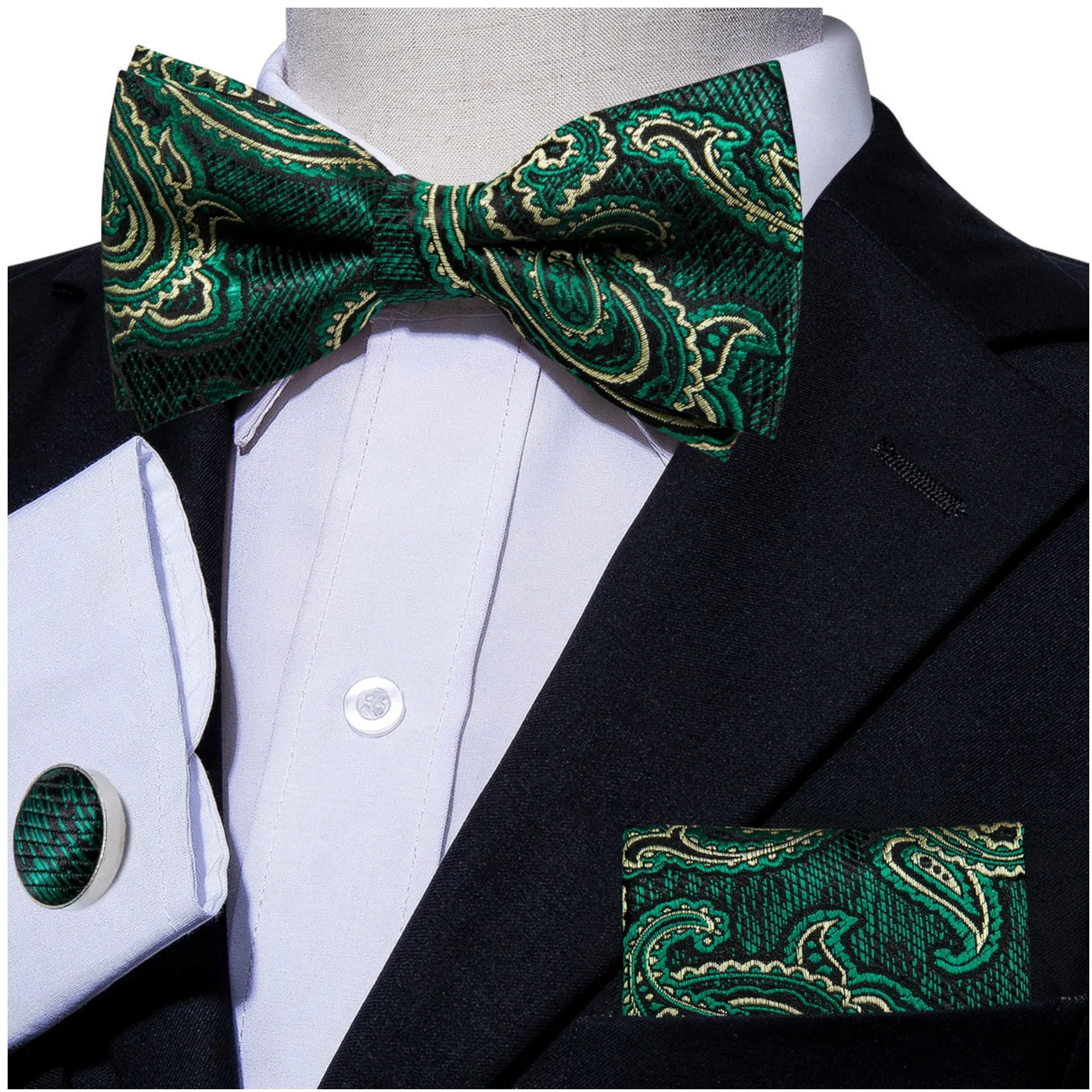 Men's Green Paisley 100% Silk Pre-Tied adjustable Bow Tie Pocket Square Cufflinks Set