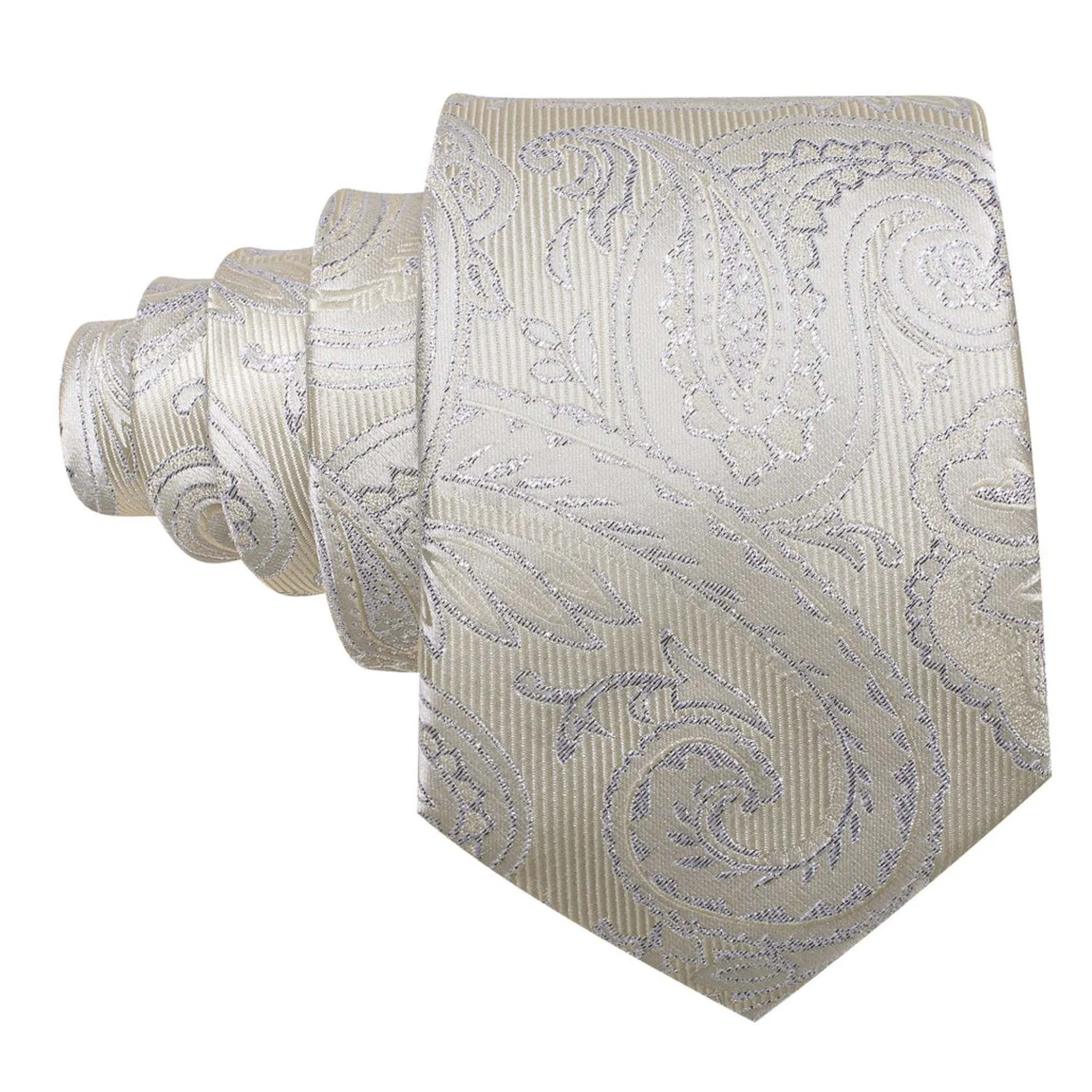 Men's Silver And Yellow Paisley 100% Silk Neck Tie With Matching Hanky And Cufflinks Set