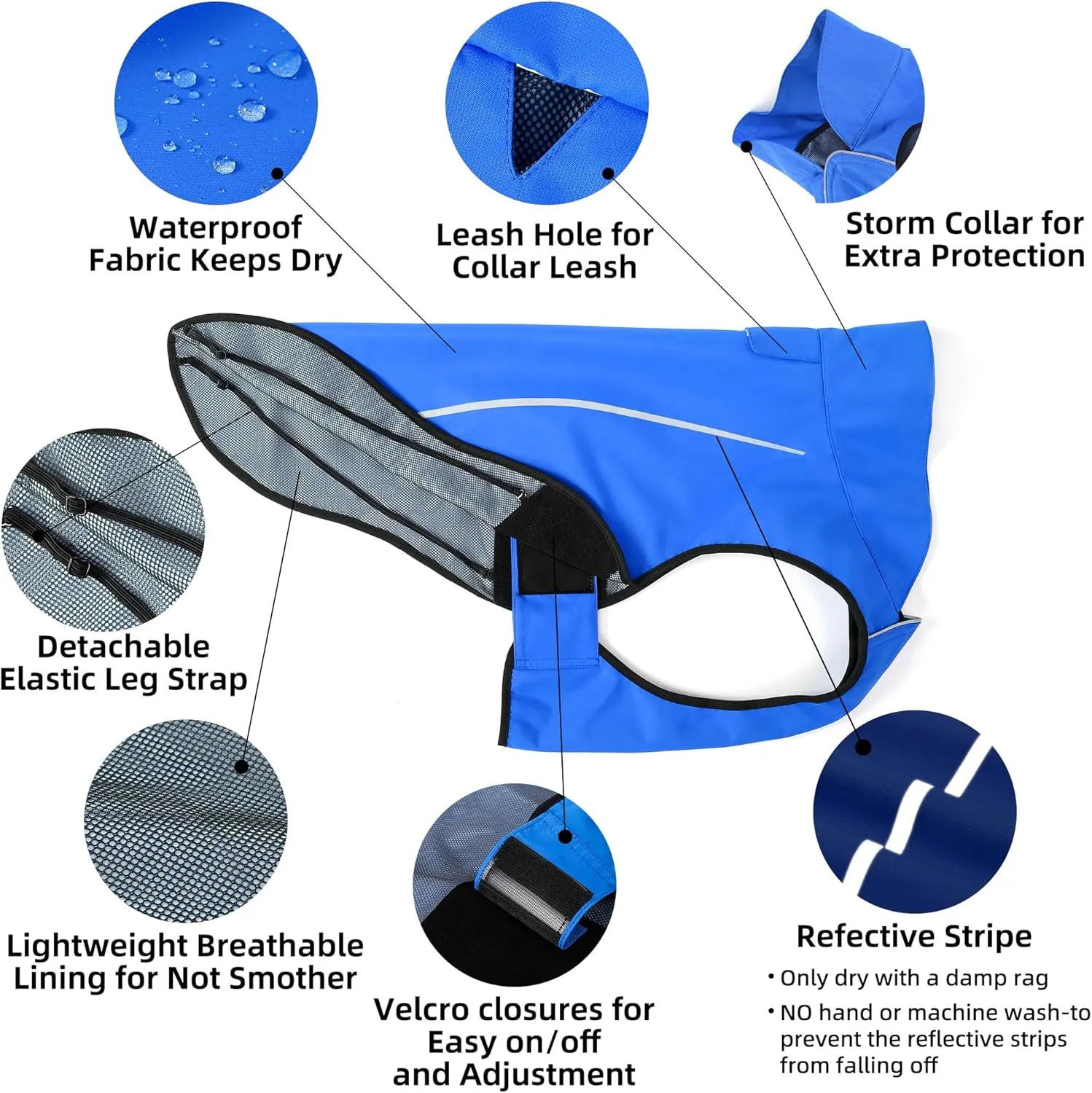 Mile High Life Dog Raincoat, Adjustable Waterproof Reflective Rain Jacket for Small Medium Large Dogs, Lightweight Breathable Pet Rain Coat with Leash Hole(Blue,XXL Chest 36-42")