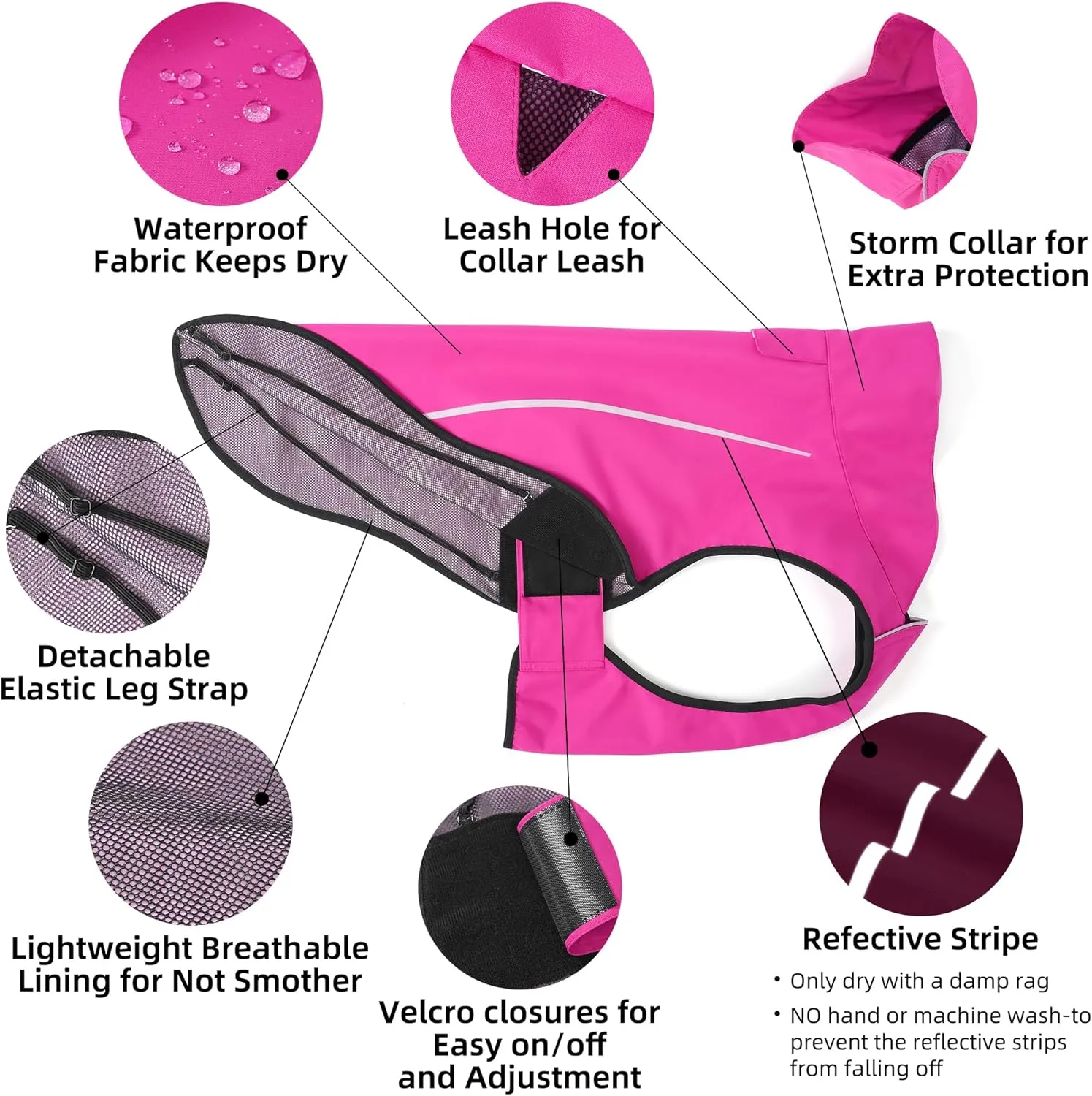 Mile High Life Dog Raincoat, Adjustable Waterproof Reflective Rain Jacket for Small Medium Large Dogs, Lightweight Breathable Pet Rain Coat with Leash Hole(Hot Pink,XXS Chest 16-19")