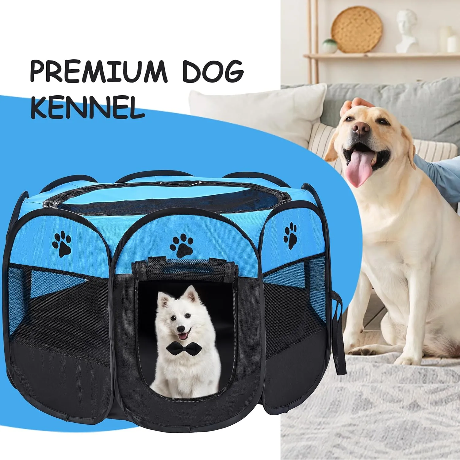 Mile High Life | Foldable Dog Playpen | Portable Dog Crate w Removable Shade Cover | Dog Kennel Indoor/Outdoor w Carry Case | Pen Tent for Dog/Cat/Rabbit(Blue Black, Large (45"x45"x23"))