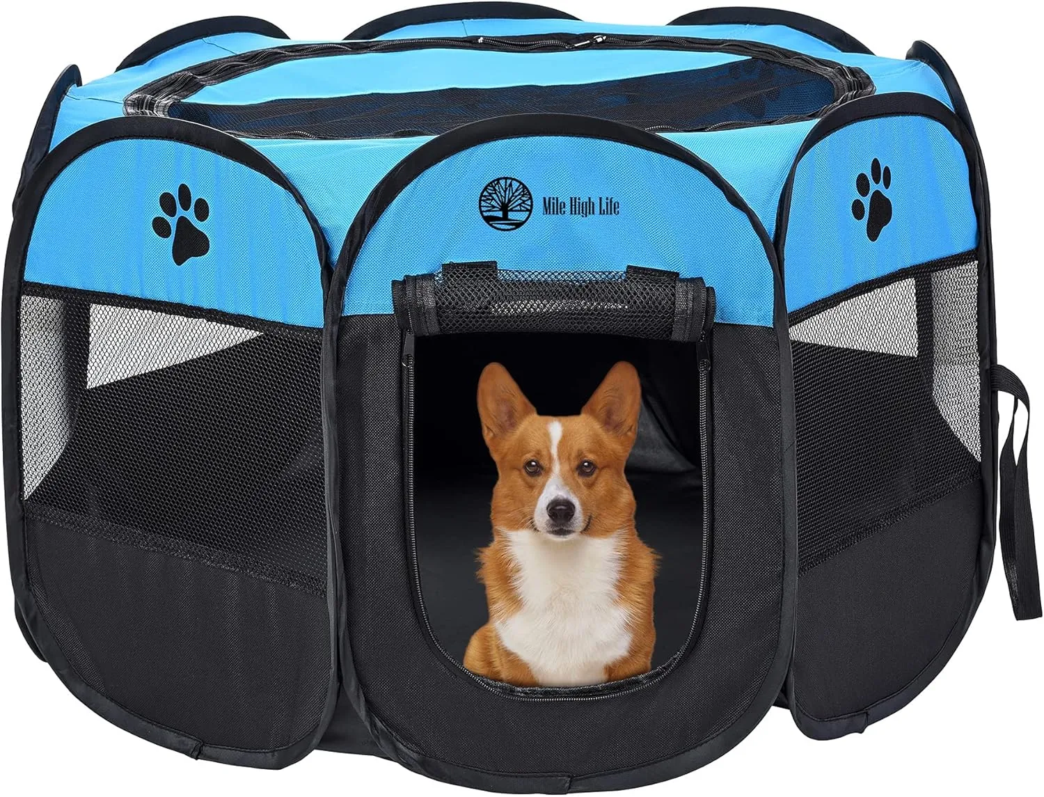 Mile High Life | Foldable Dog Playpen | Portable Dog Crate w Removable Shade Cover | Dog Kennel Indoor/Outdoor w Carry Case | Pen Tent for Dog/Cat/Rabbit(Blue Black, Large (45"x45"x23"))
