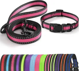 Mile High Life | Reflective Dog Collar Leash Set | Adjustable Collar Leash Set (Pink, Large (Pack of 2))