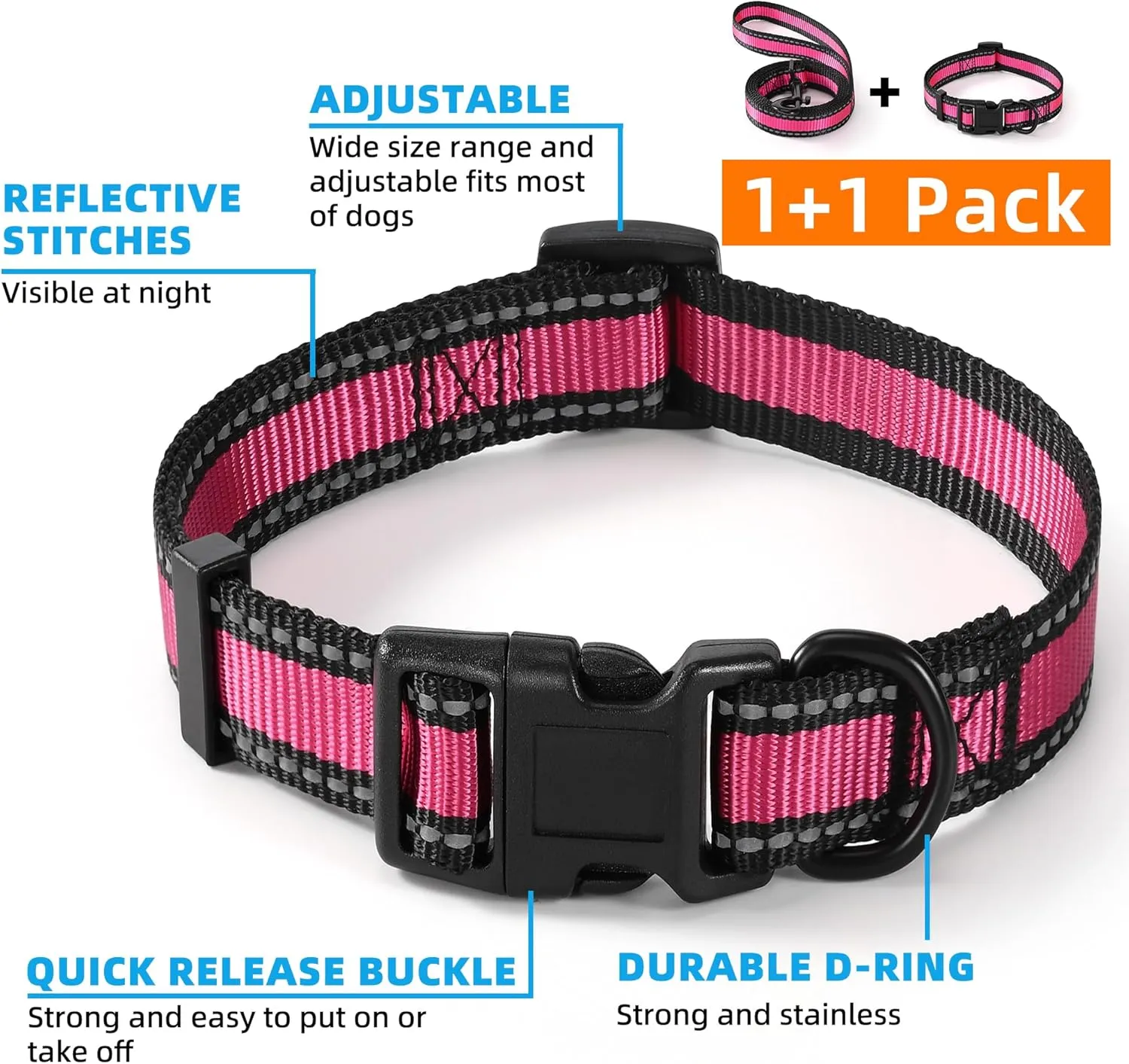 Mile High Life | Reflective Dog Collar Leash Set | Adjustable Collar Leash Set (Pink, Large (Pack of 2))