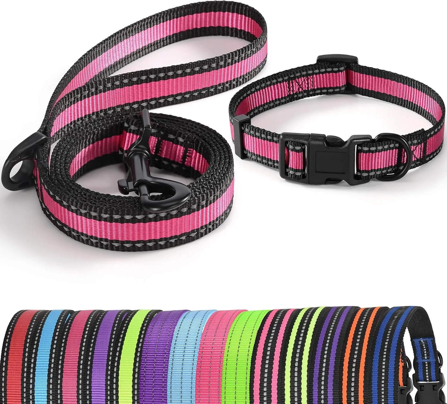 Mile High Life | Reflective Dog Collar Leash Set | Adjustable Collar Leash Set (Pink, Large (Pack of 2))
