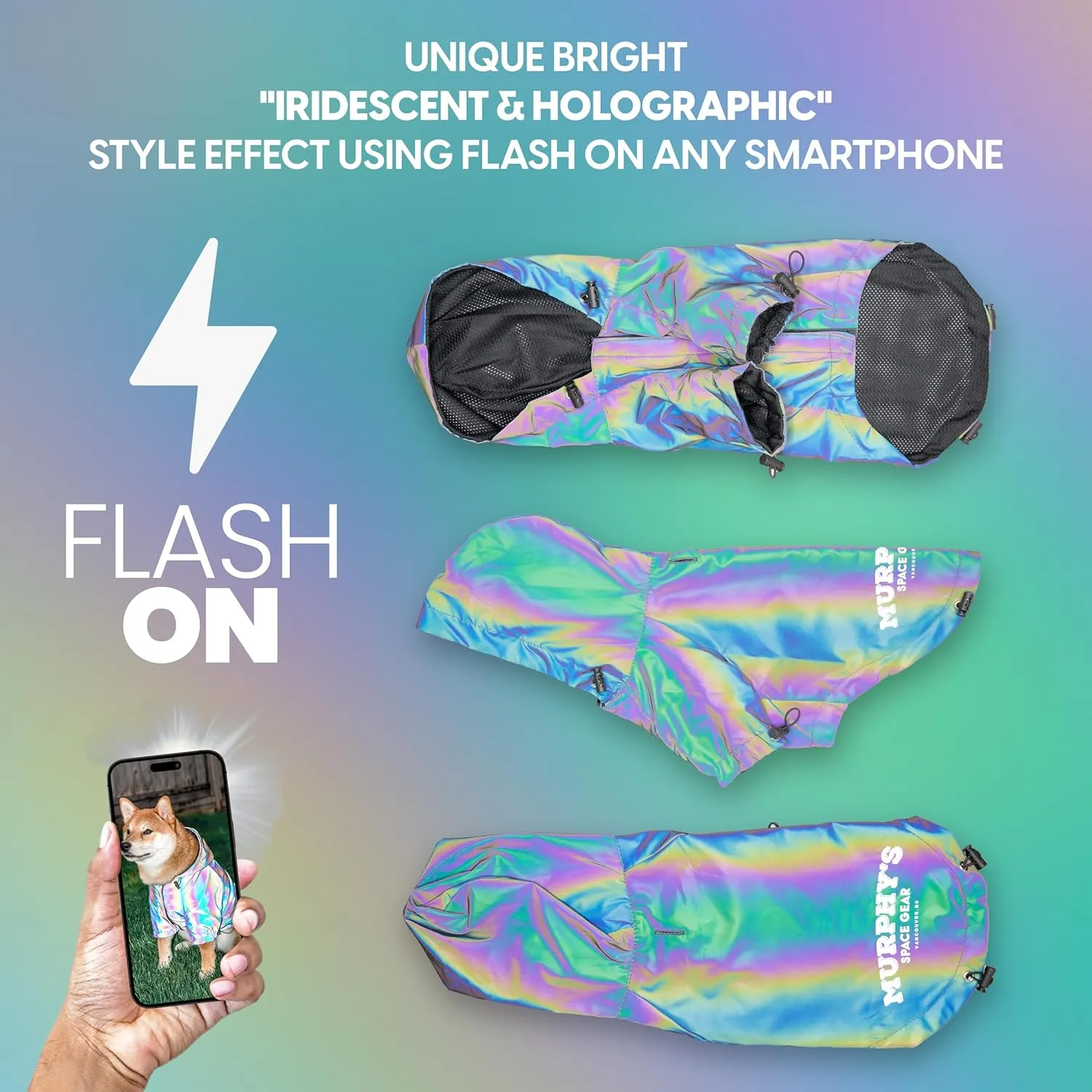 Murphy's Space Gear Space Cadet's Holographic Rain Jacket for Dogs, Reflective Water Resistant Dog Raincoat, Adjustable Drawstrings, Premium Stylish Dog Rain Jacket - X-Large