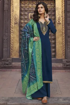 Navy Blue Chiffon Embroidered Festive Palazzo Suit