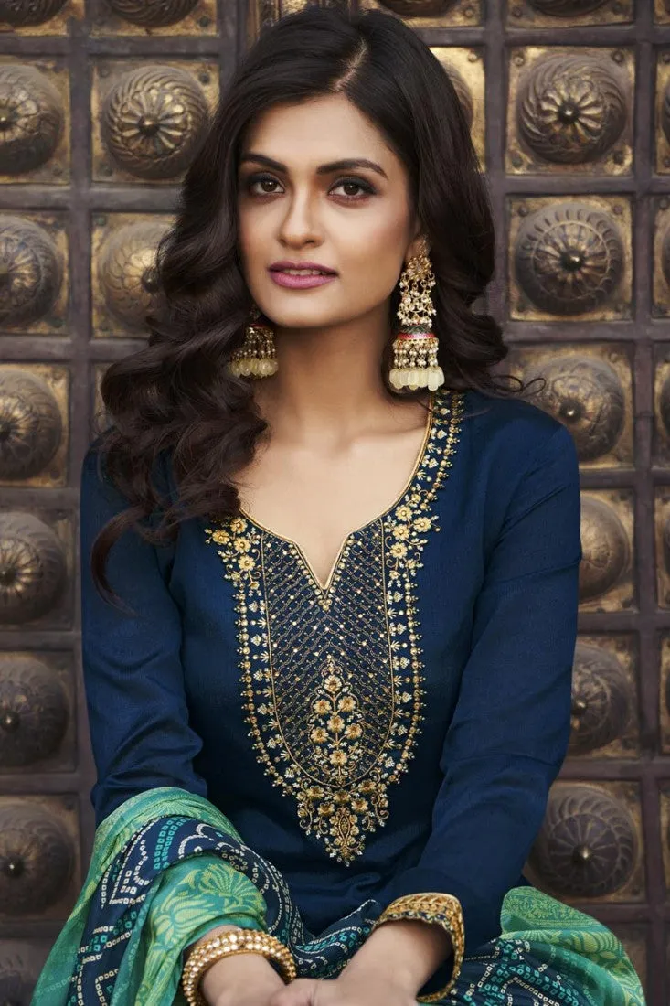 Navy Blue Chiffon Embroidered Festive Palazzo Suit