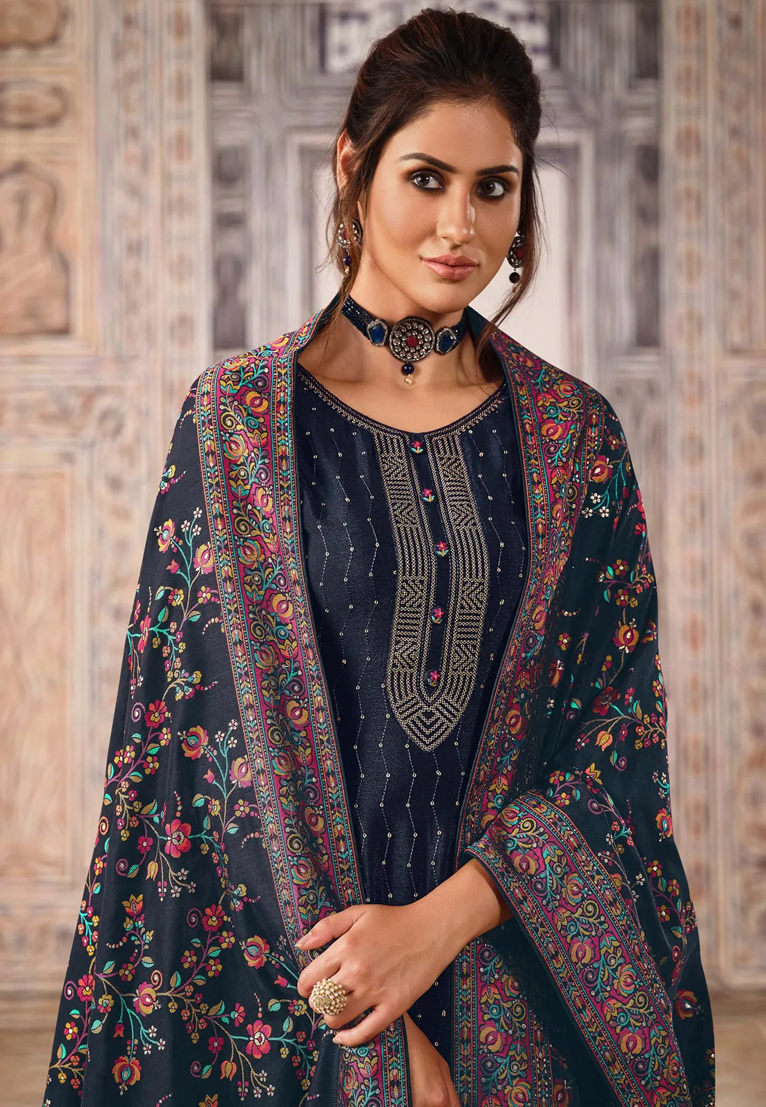 Navy Blue Chinnon Sequins Embroidered Pant Style Suit