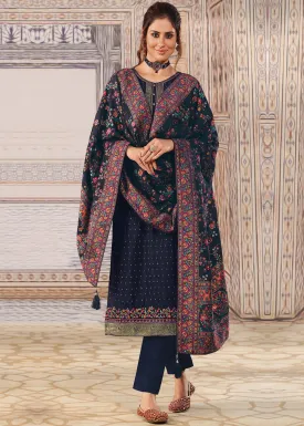 Navy Blue Chinnon Sequins Embroidered Pant Style Suit