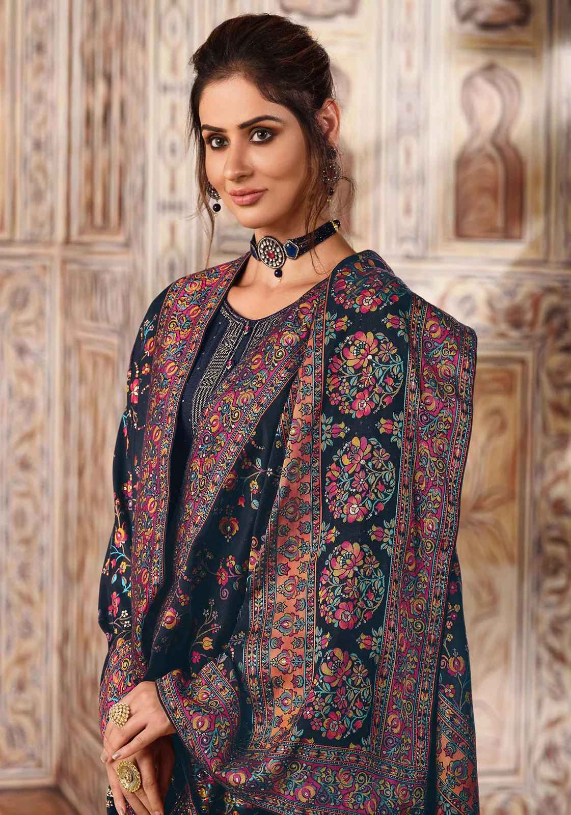 Navy Blue Chinnon Sequins Embroidered Pant Style Suit