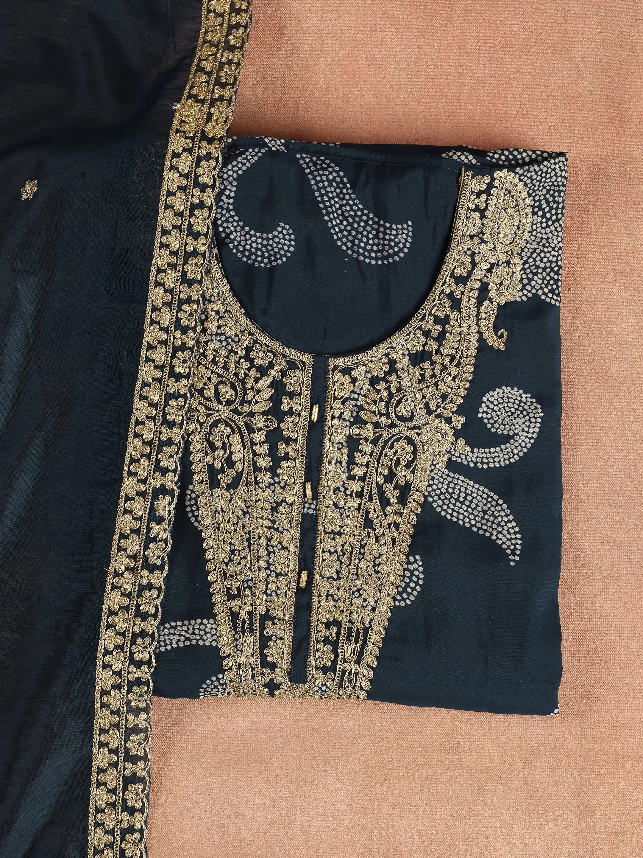 Navy Blue Embroidered Silk Blend Dress Material with Dupatta