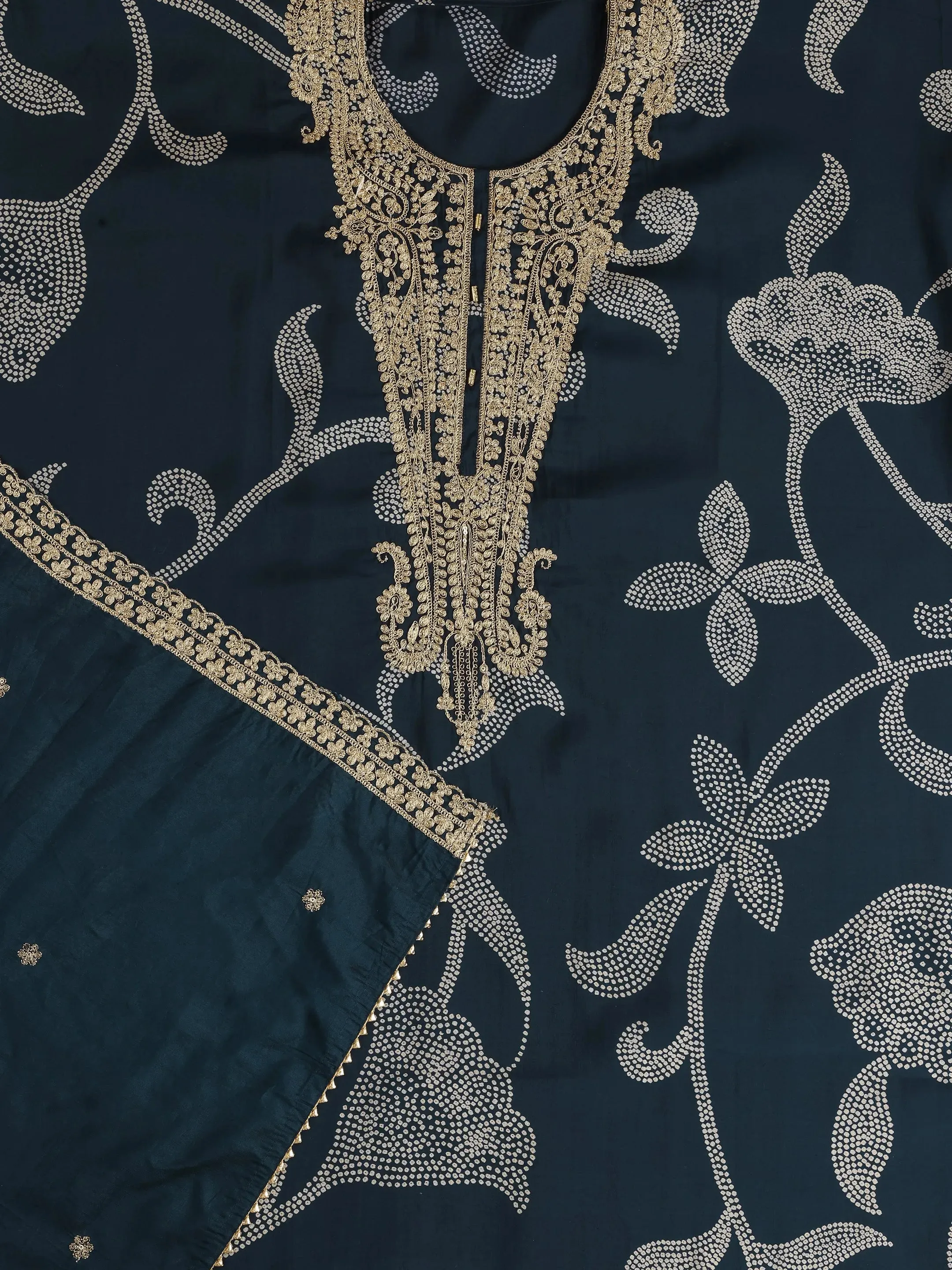 Navy Blue Embroidered Silk Blend Dress Material with Dupatta