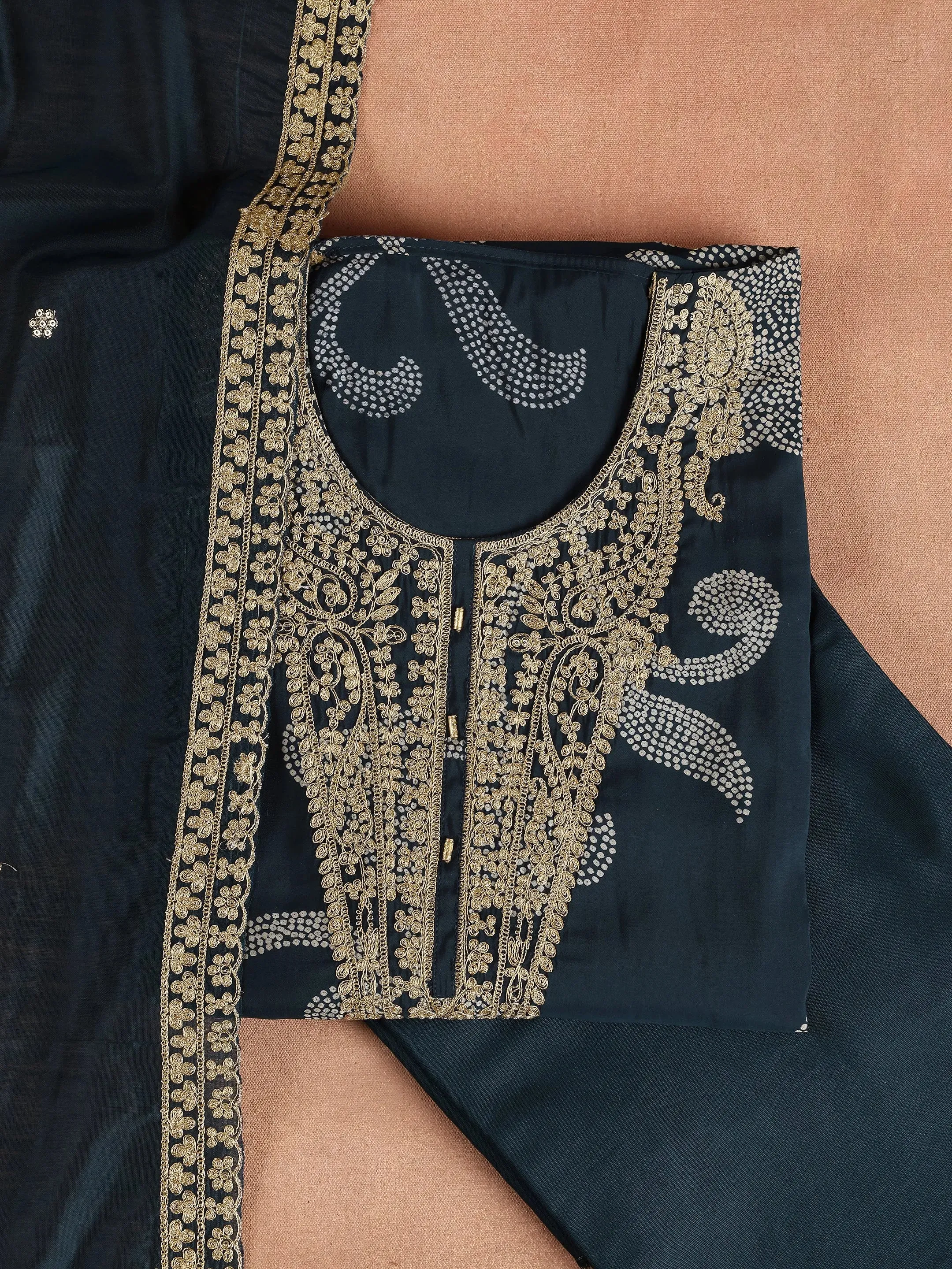 Navy Blue Embroidered Silk Blend Dress Material with Dupatta
