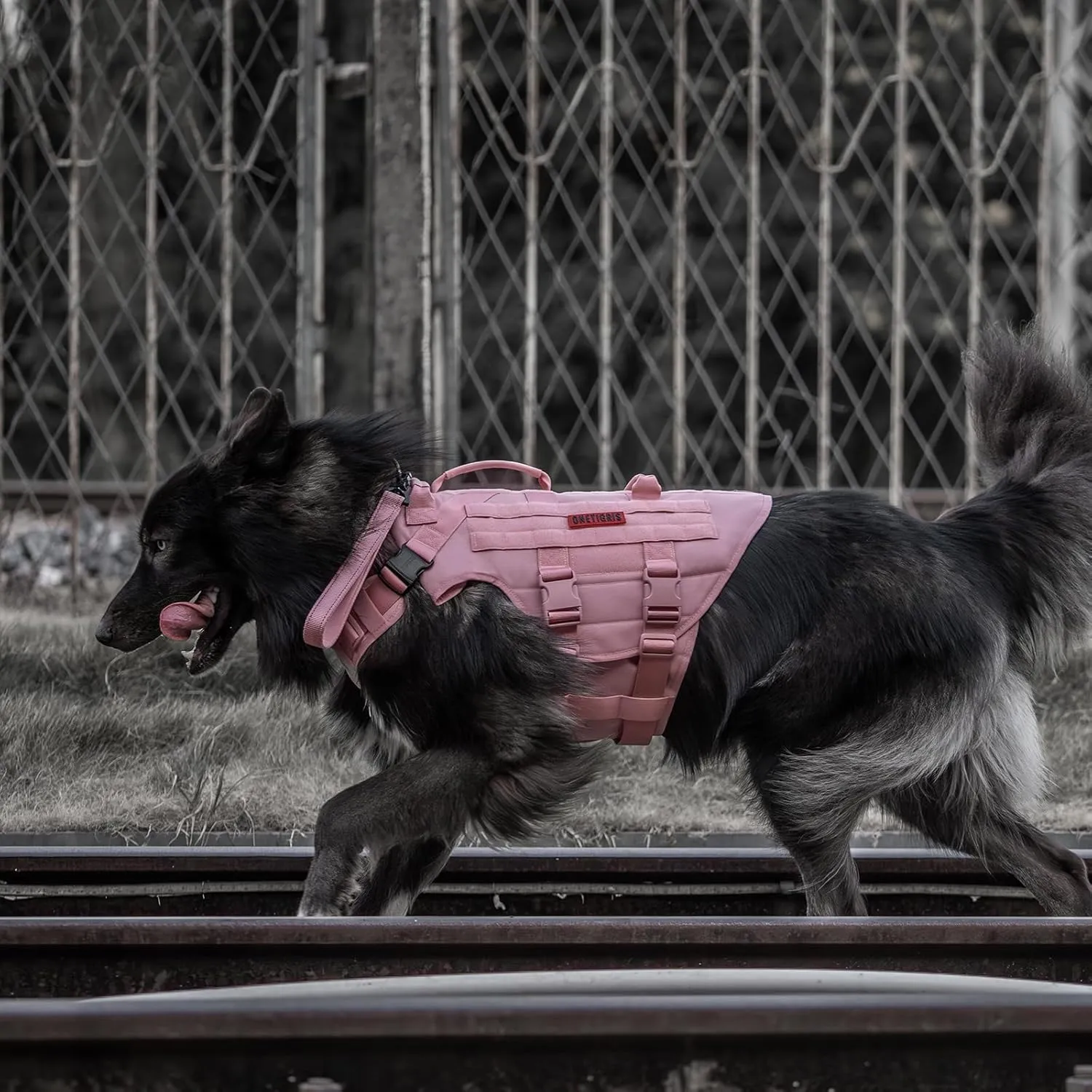 OneTigris Large Tactical Dog Harness, No Pulling Adjustable Dog Vest Harness, Heavy Duty Dog Harness with Handle, Large Hook and Loop Panels for Patch(Pink,XL